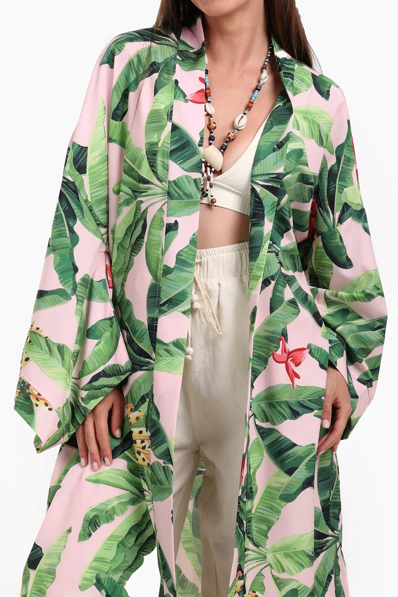 كيمونو بطبعة أوراق استوائية للشاطئ