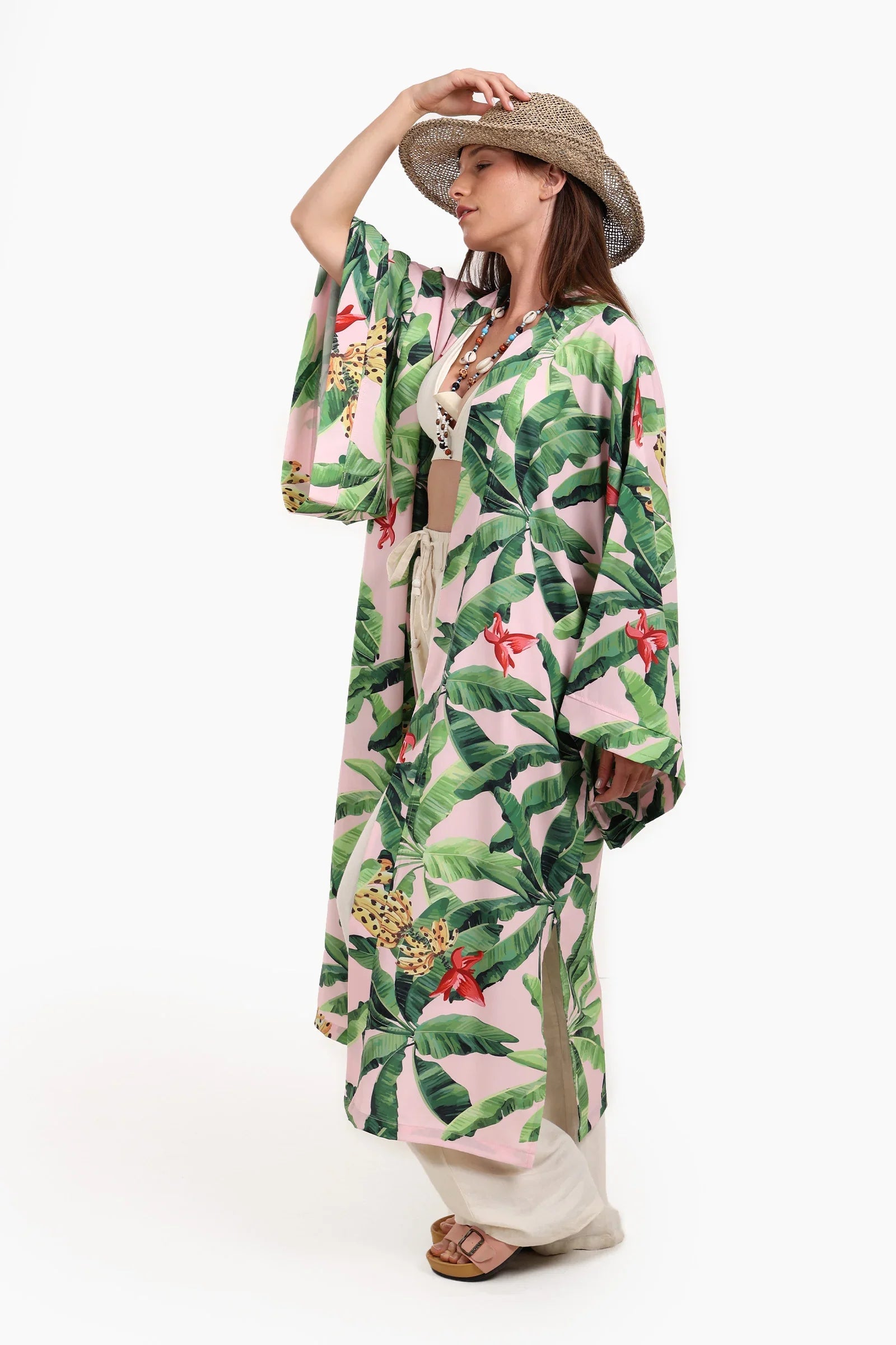 كيمونو بطبعة أوراق استوائية للشاطئ