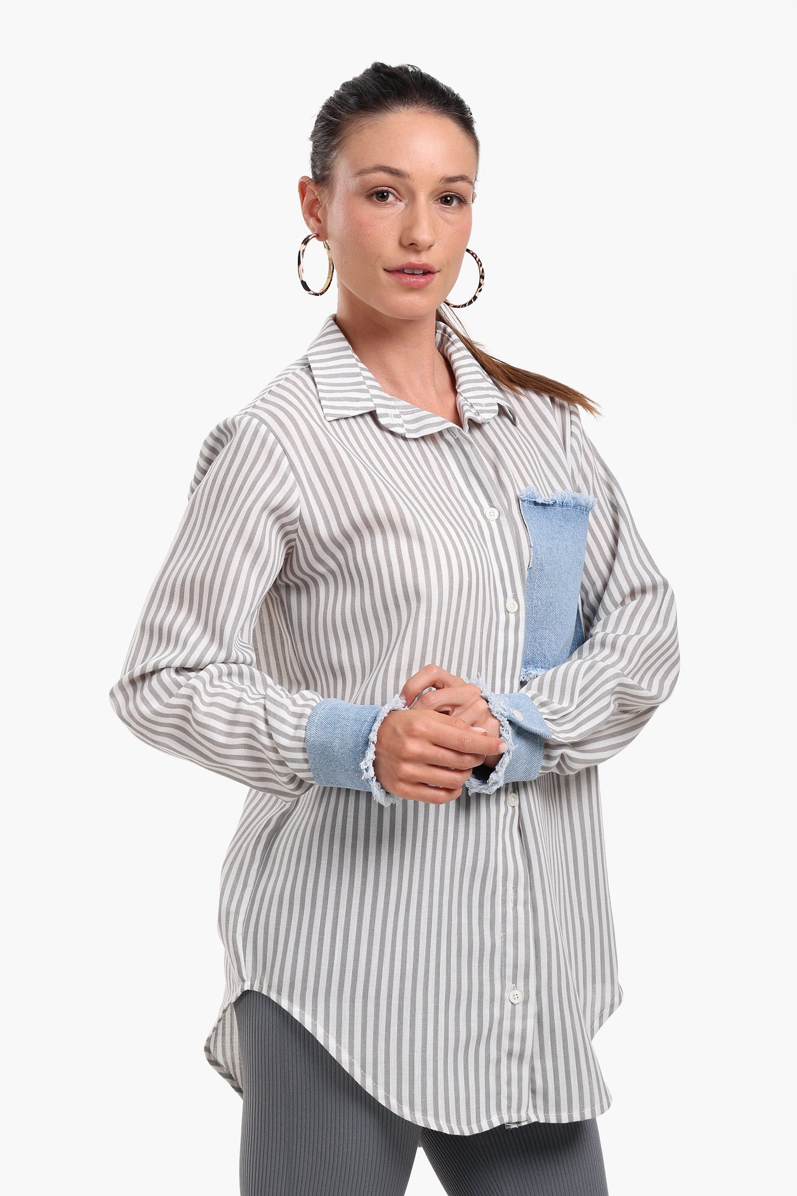Striped Shirt with Denim Details
