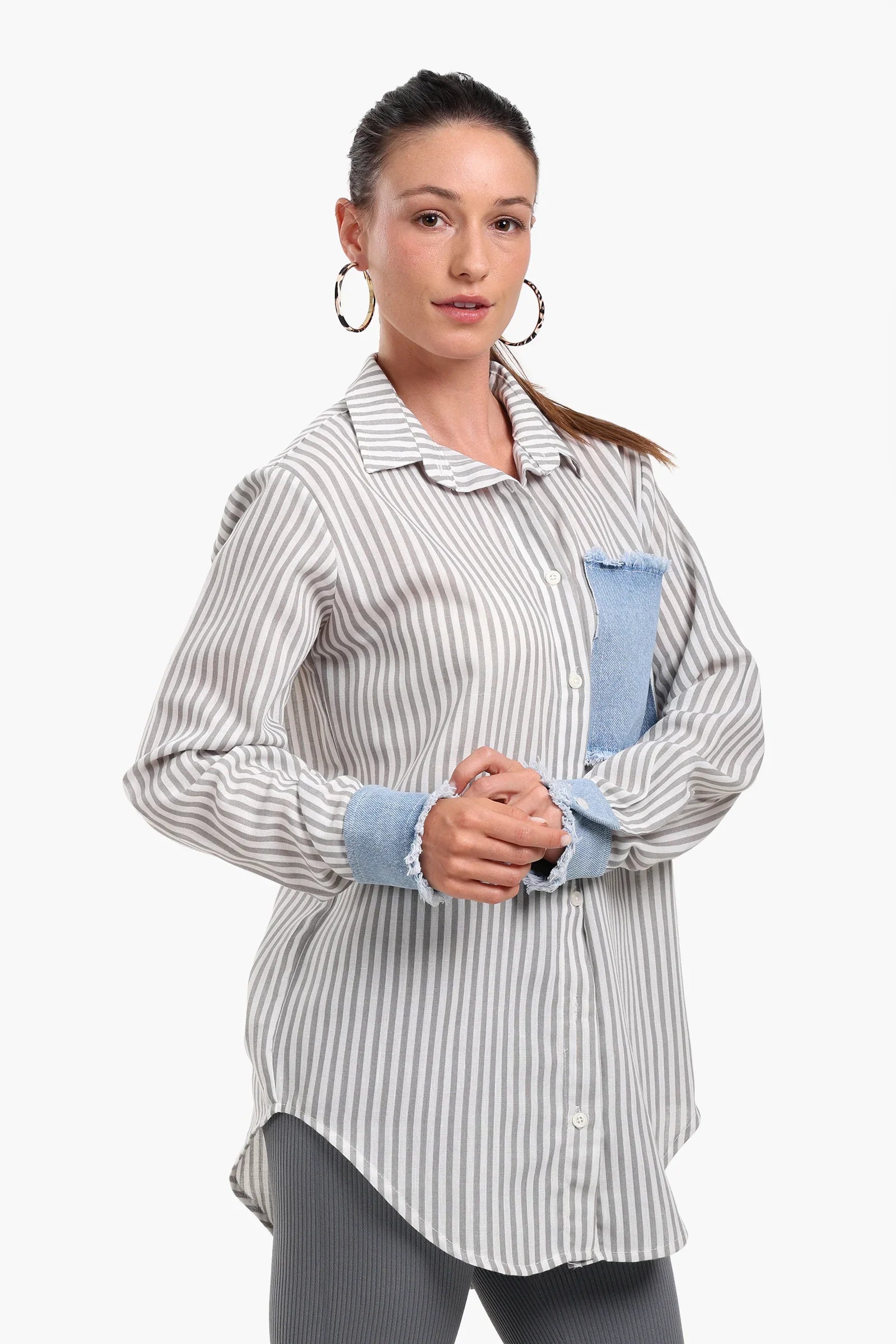 Striped Shirt with Denim Details