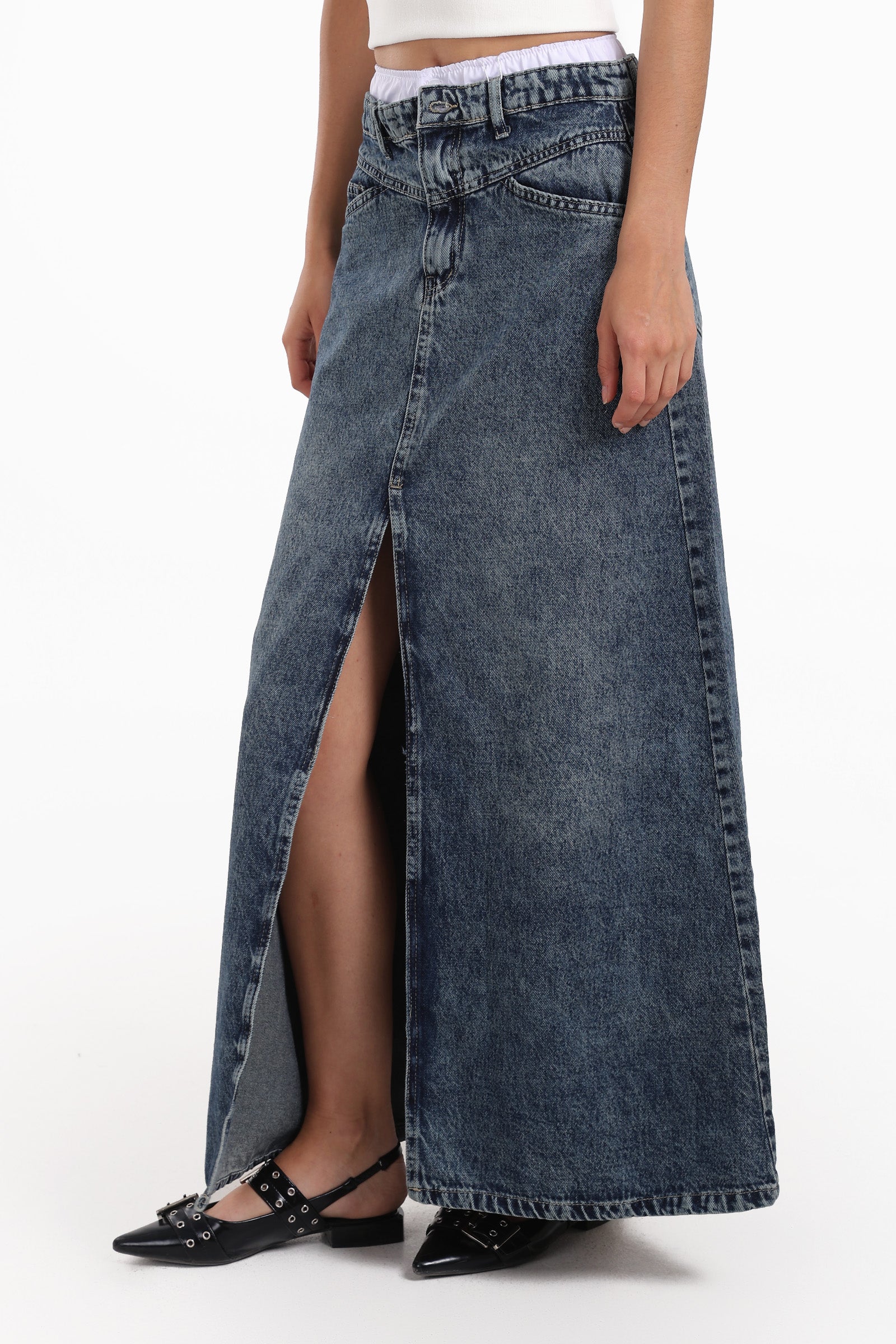 Denim Maxi Skirt with Slit