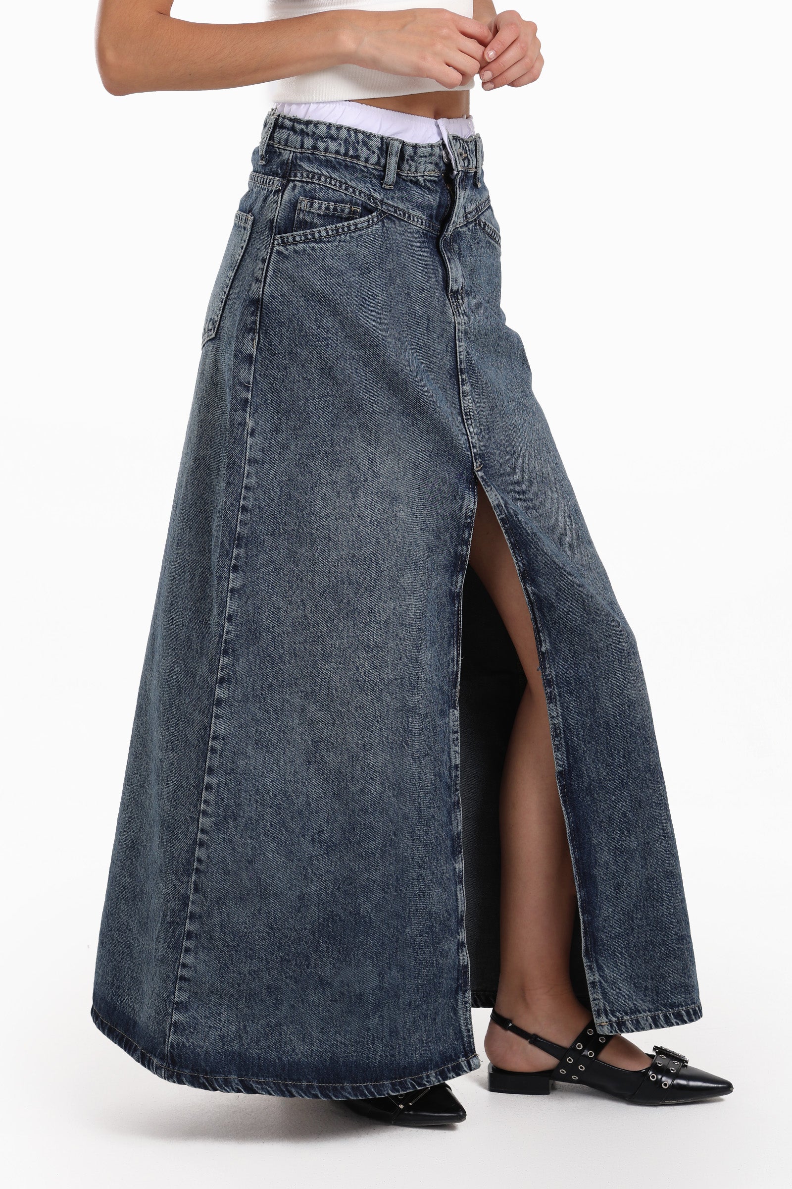 Denim Maxi Skirt with Slit