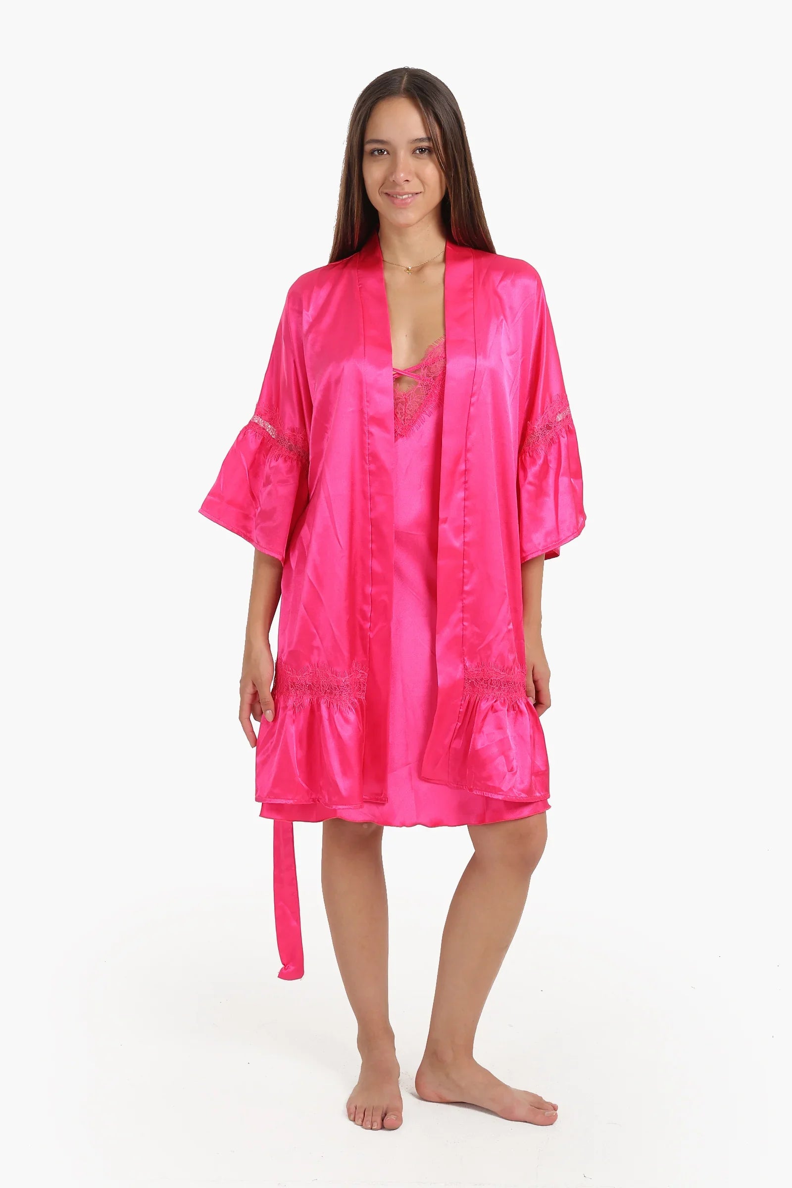 Fuchsia Satin Robe with Ruffles