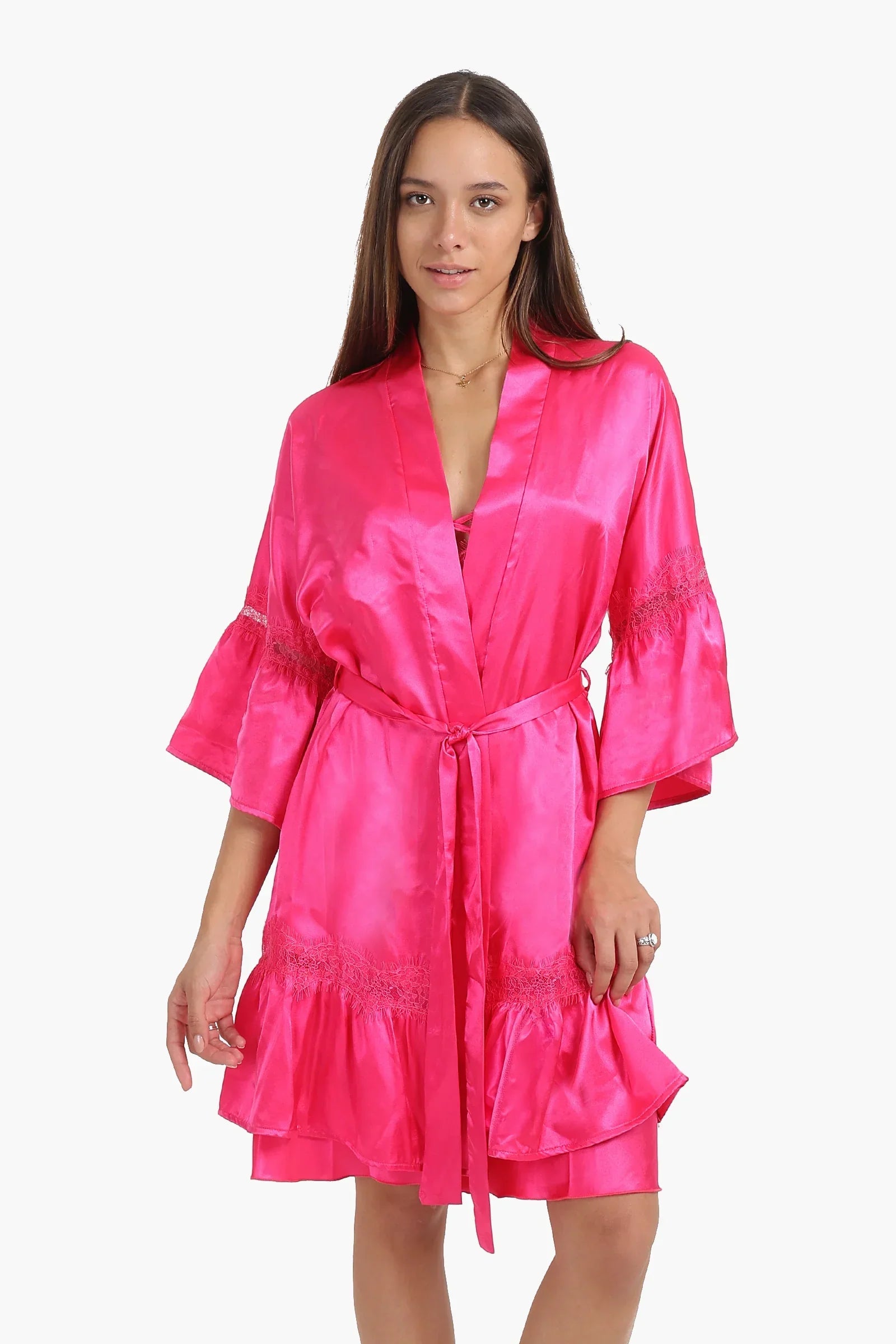 Fuchsia Satin Robe with Ruffles
