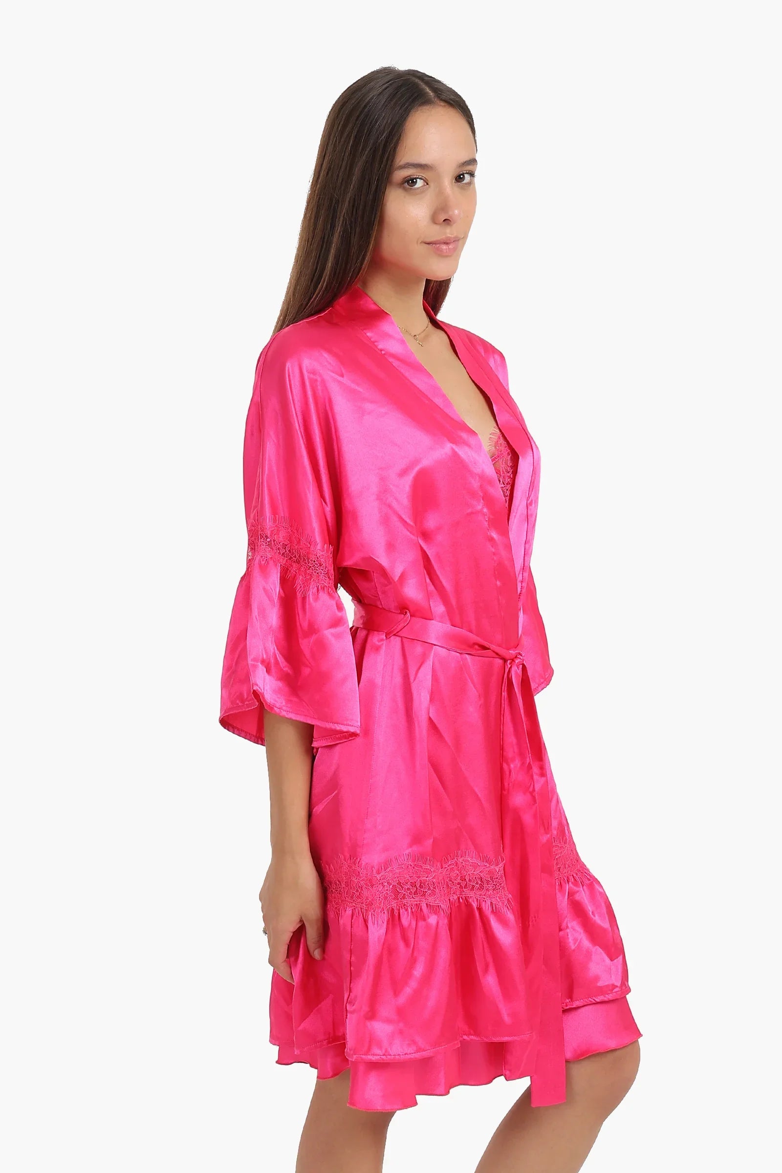 Fuchsia Satin Robe with Ruffles