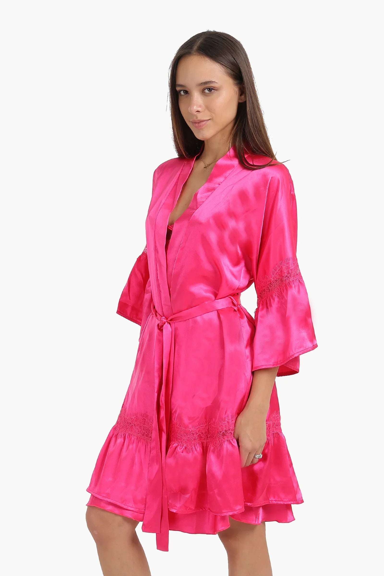 Fuchsia Satin Robe with Ruffles
