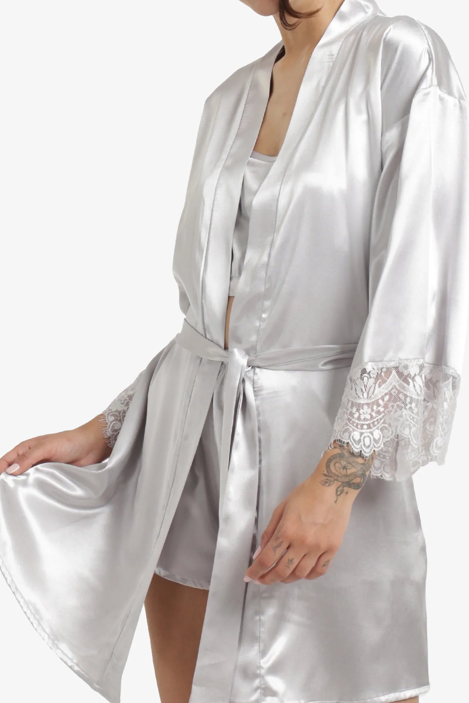 Silver Lace Trim Satin Robe