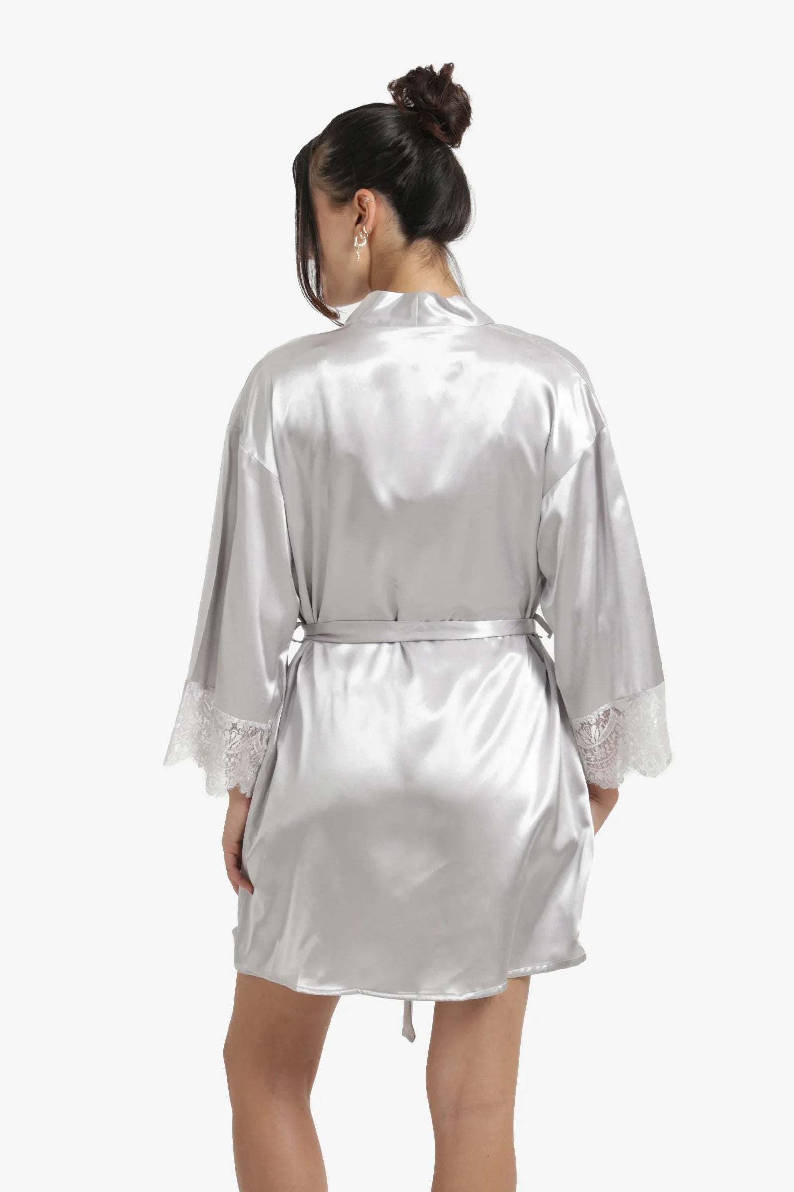 Silver Lace Trim Satin Robe