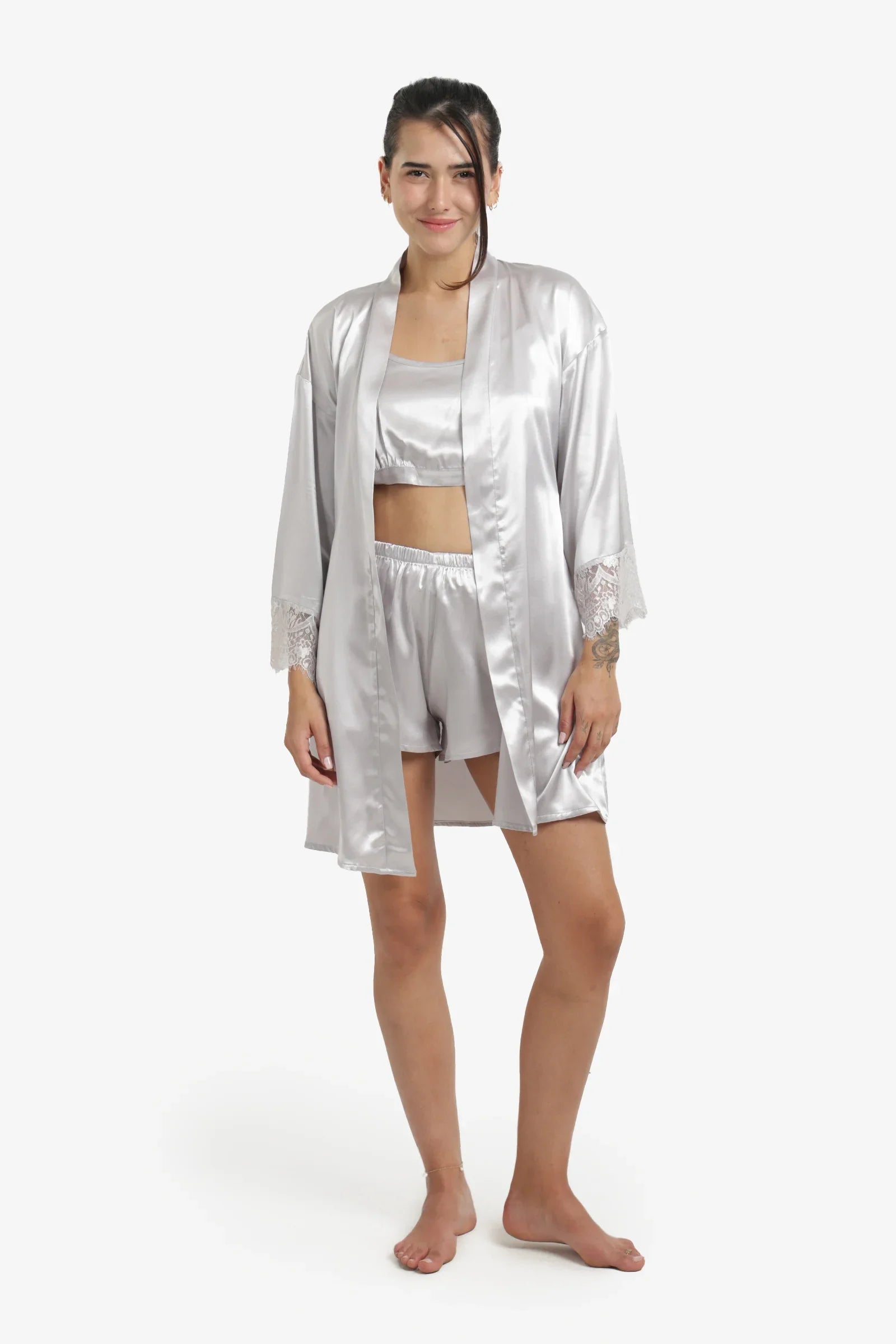 Silver Lace Trim Satin Robe