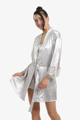 Silver Lace Trim Satin Robe