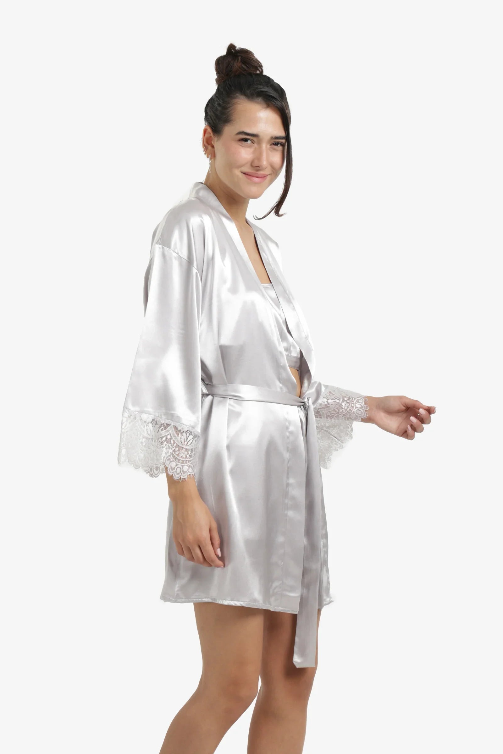 Silver Lace Trim Satin Robe