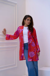 كيمونو مطبوع برتقالي وبنفسجي