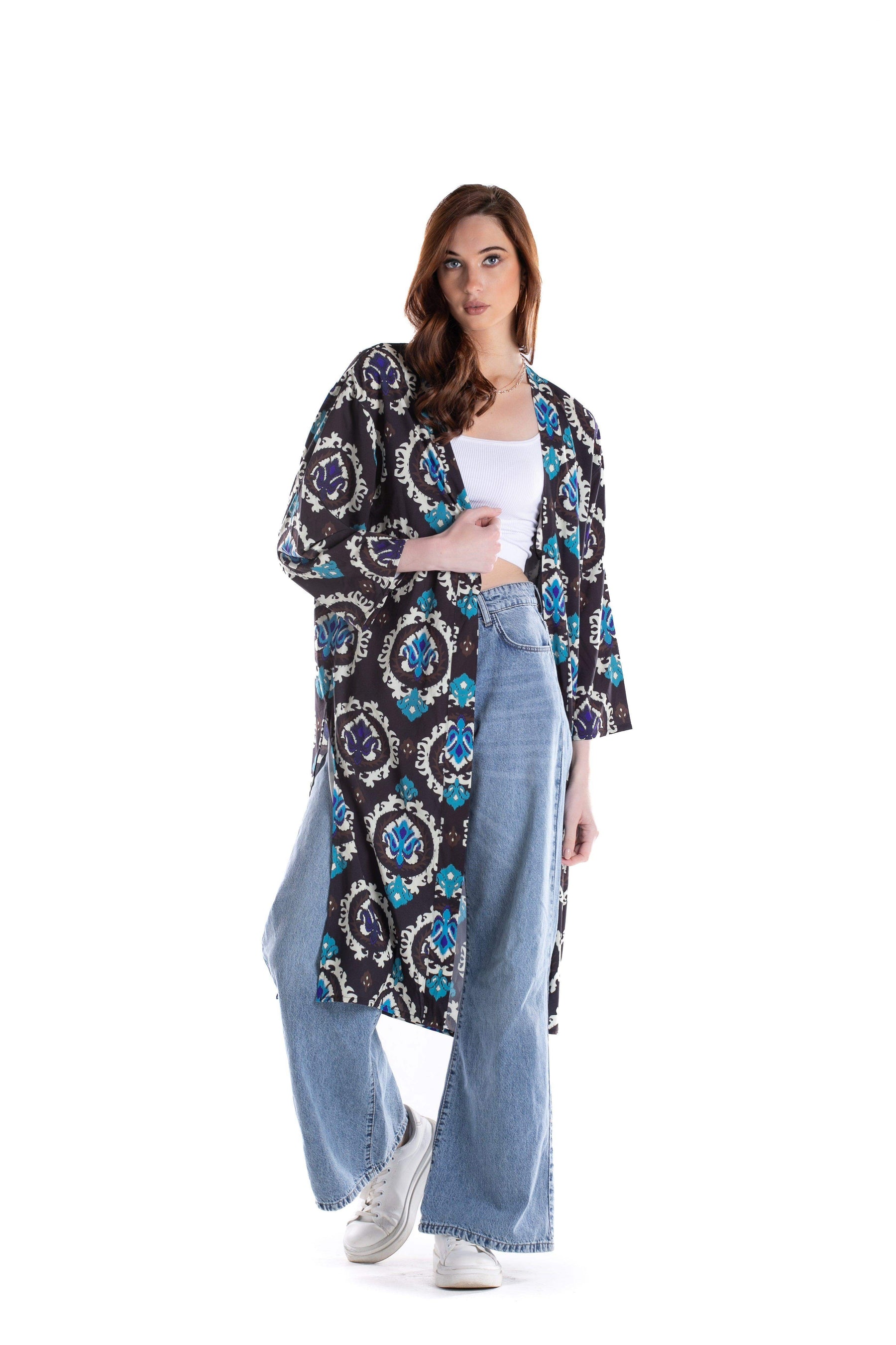 Black Printed Voile Kimono - Carina - كارينا