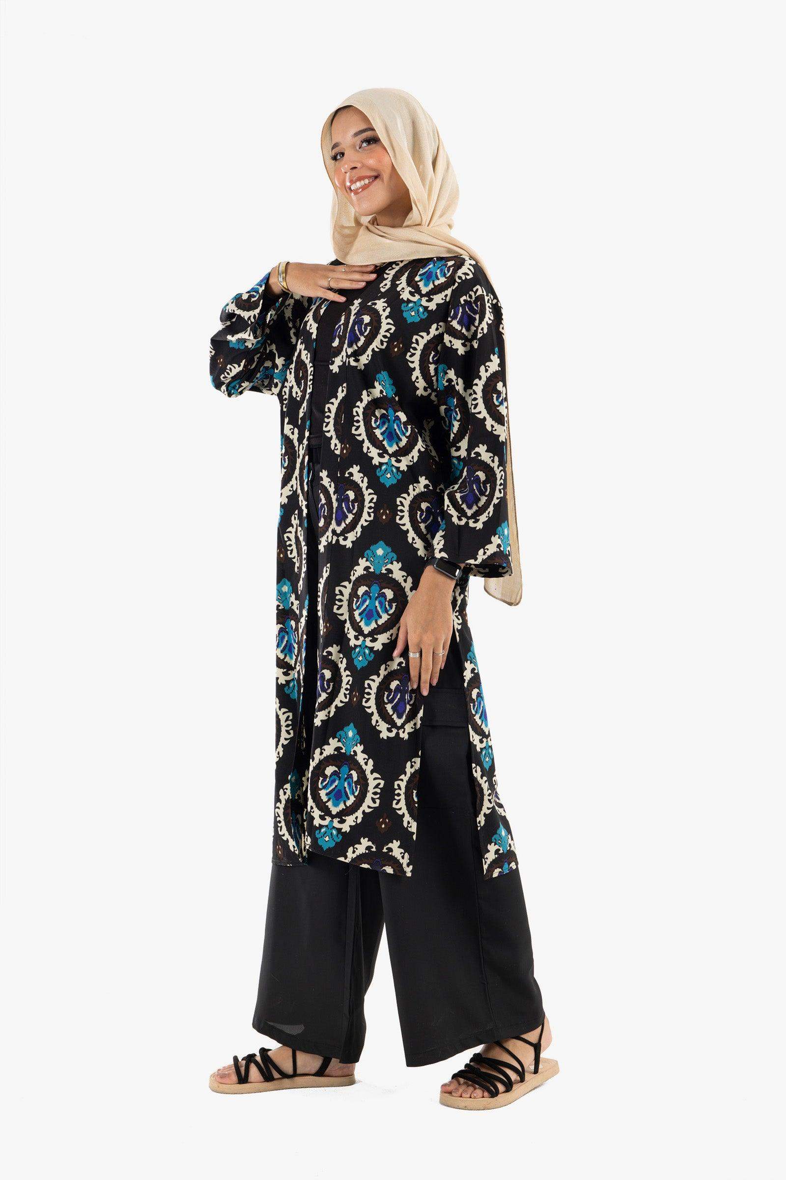 Black Printed Voile Kimono - Carina - كارينا