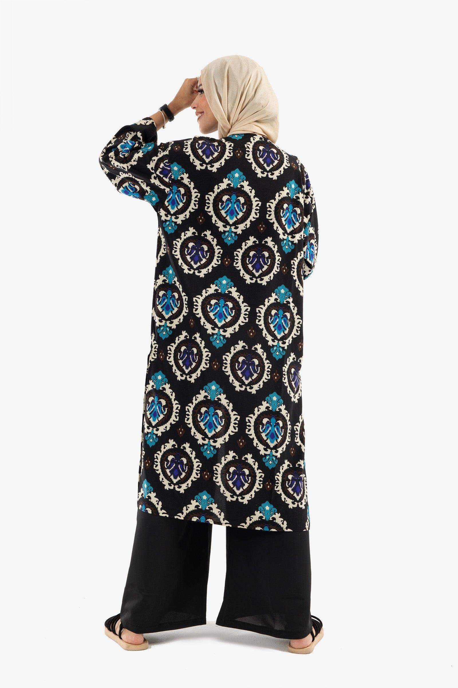 Black Printed Voile Kimono - Carina - كارينا