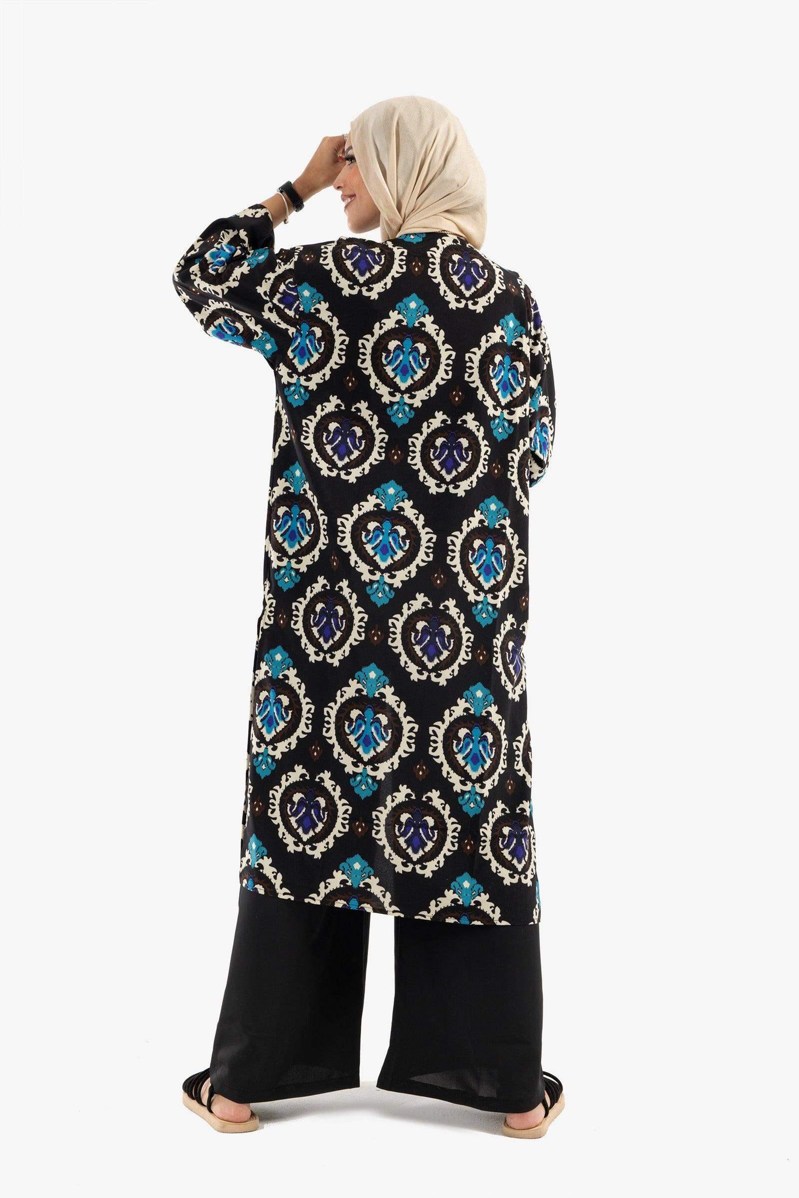 Black Printed Voile Kimono - Carina - كارينا