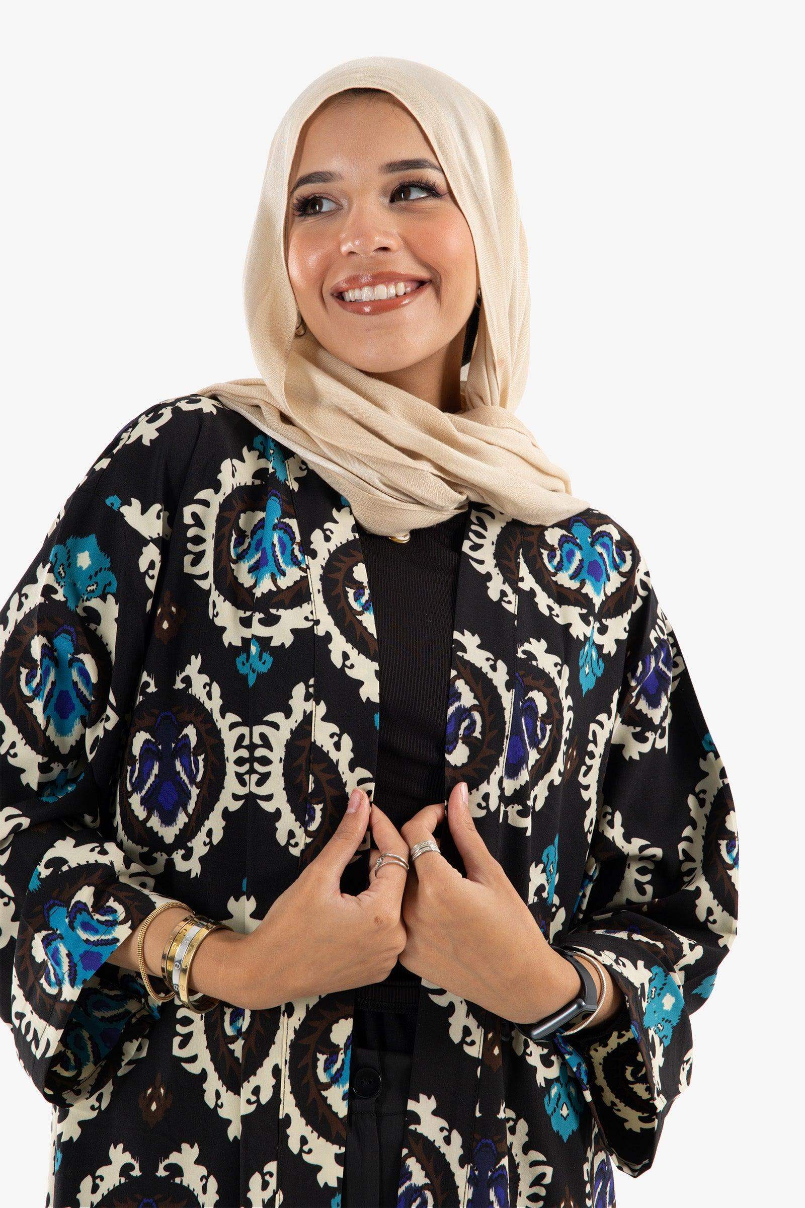 Black Printed Voile Kimono - Carina - كارينا