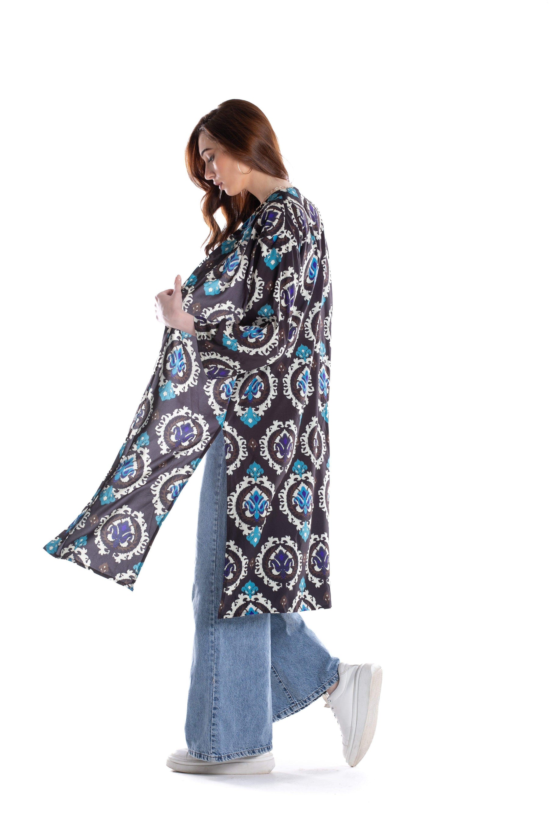 Black Printed Voile Kimono - Carina - كارينا