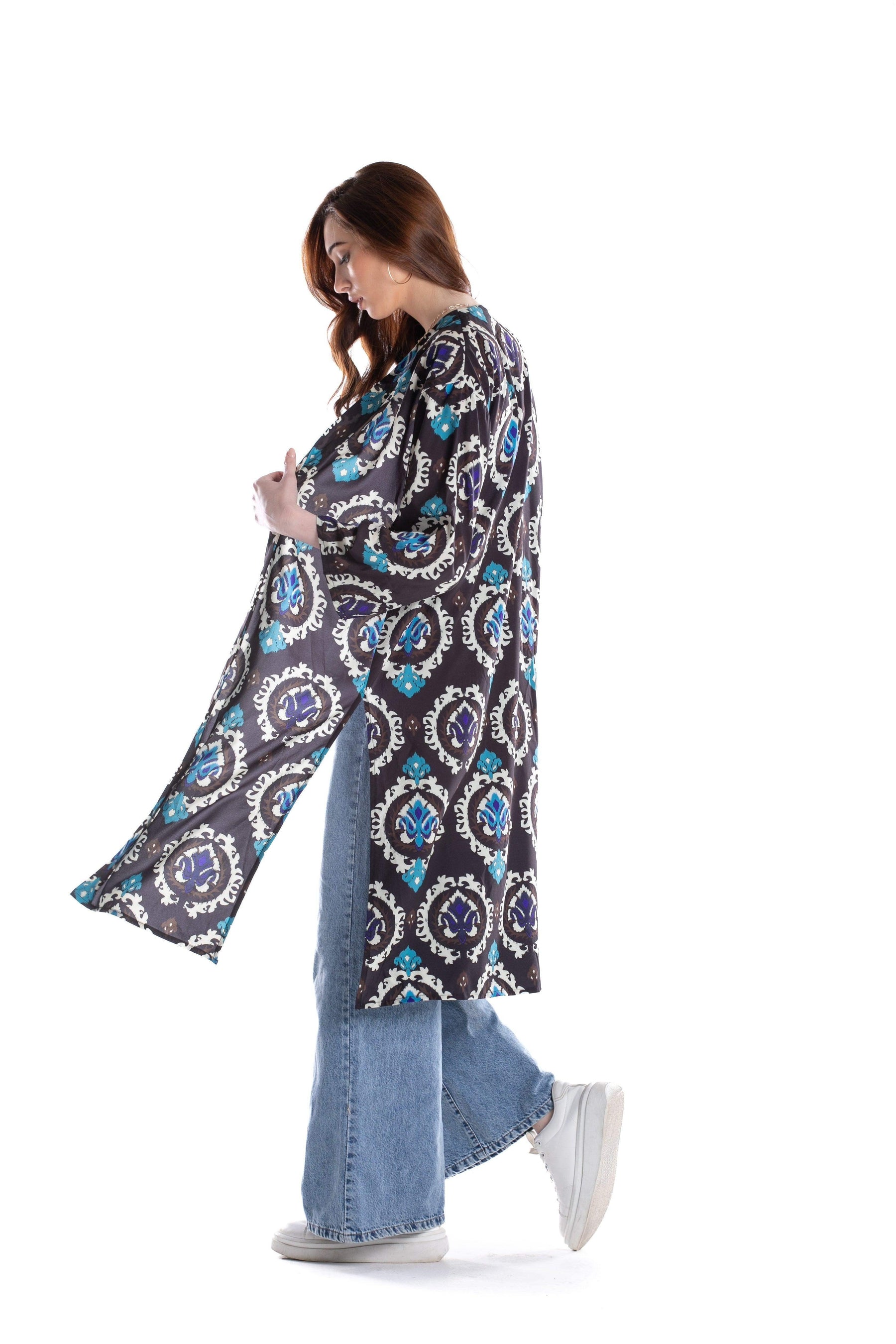 Black Printed Voile Kimono - Carina - كارينا