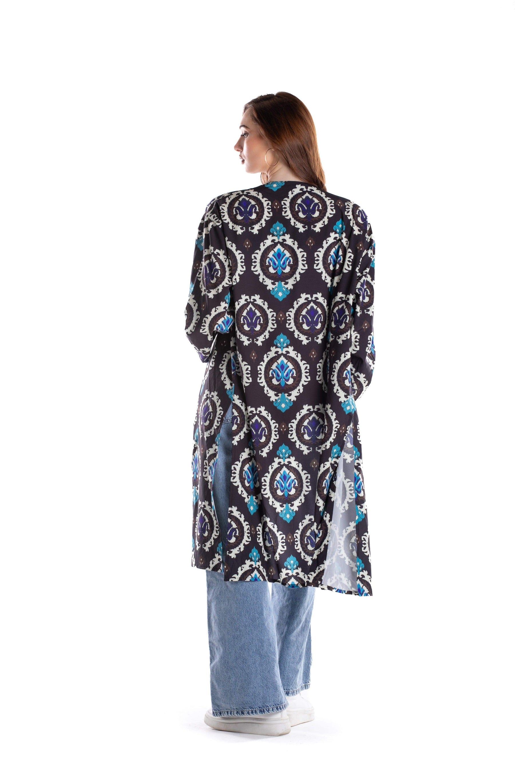 Black Printed Voile Kimono - Carina - كارينا
