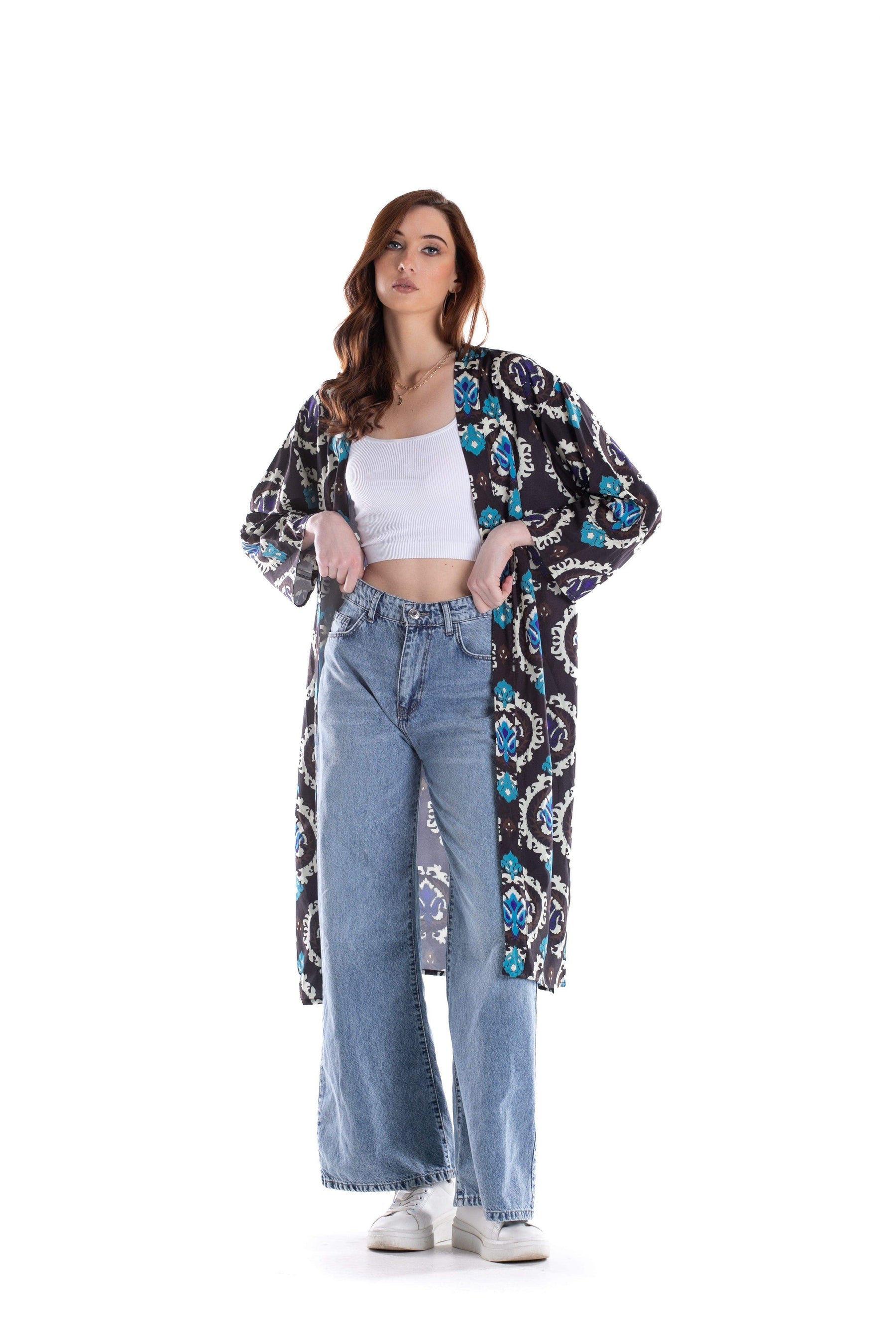 Black Printed Voile Kimono - Carina - كارينا
