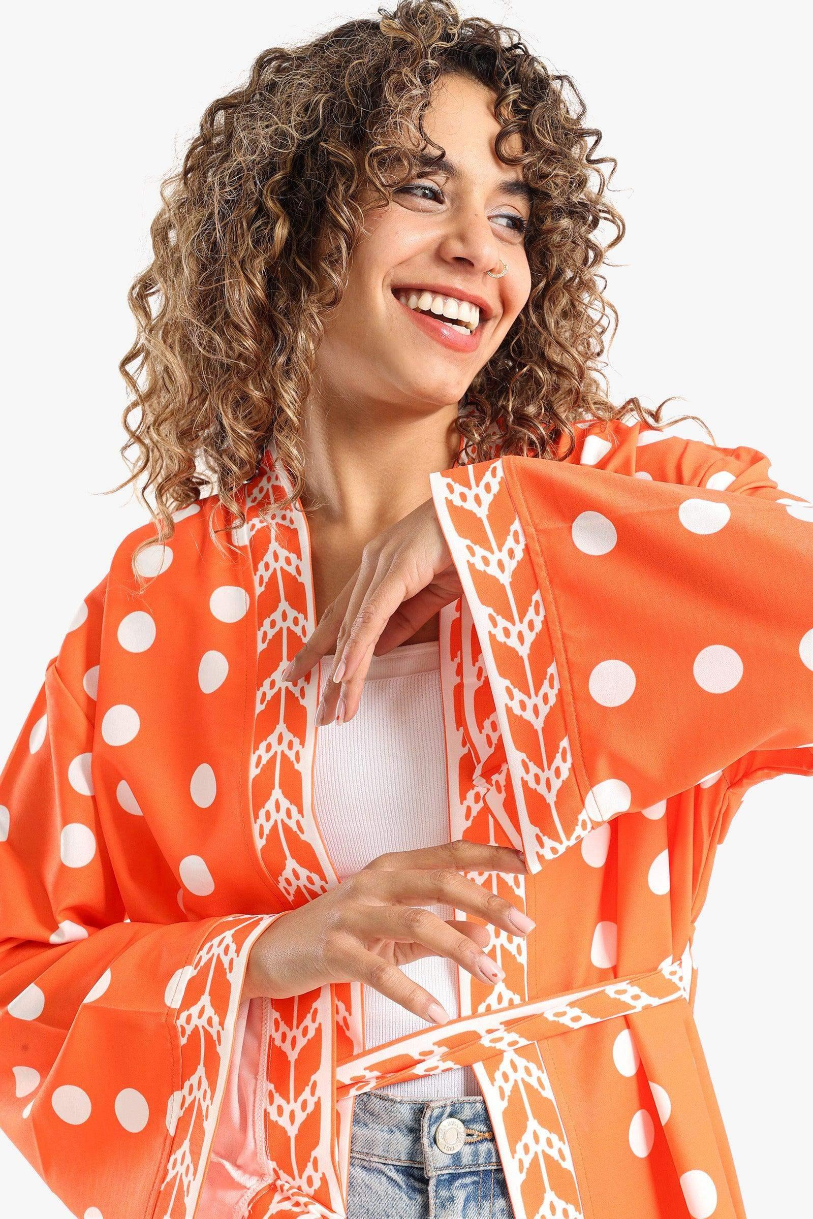 Dotted Print Midi Kimono - Carina - كارينا