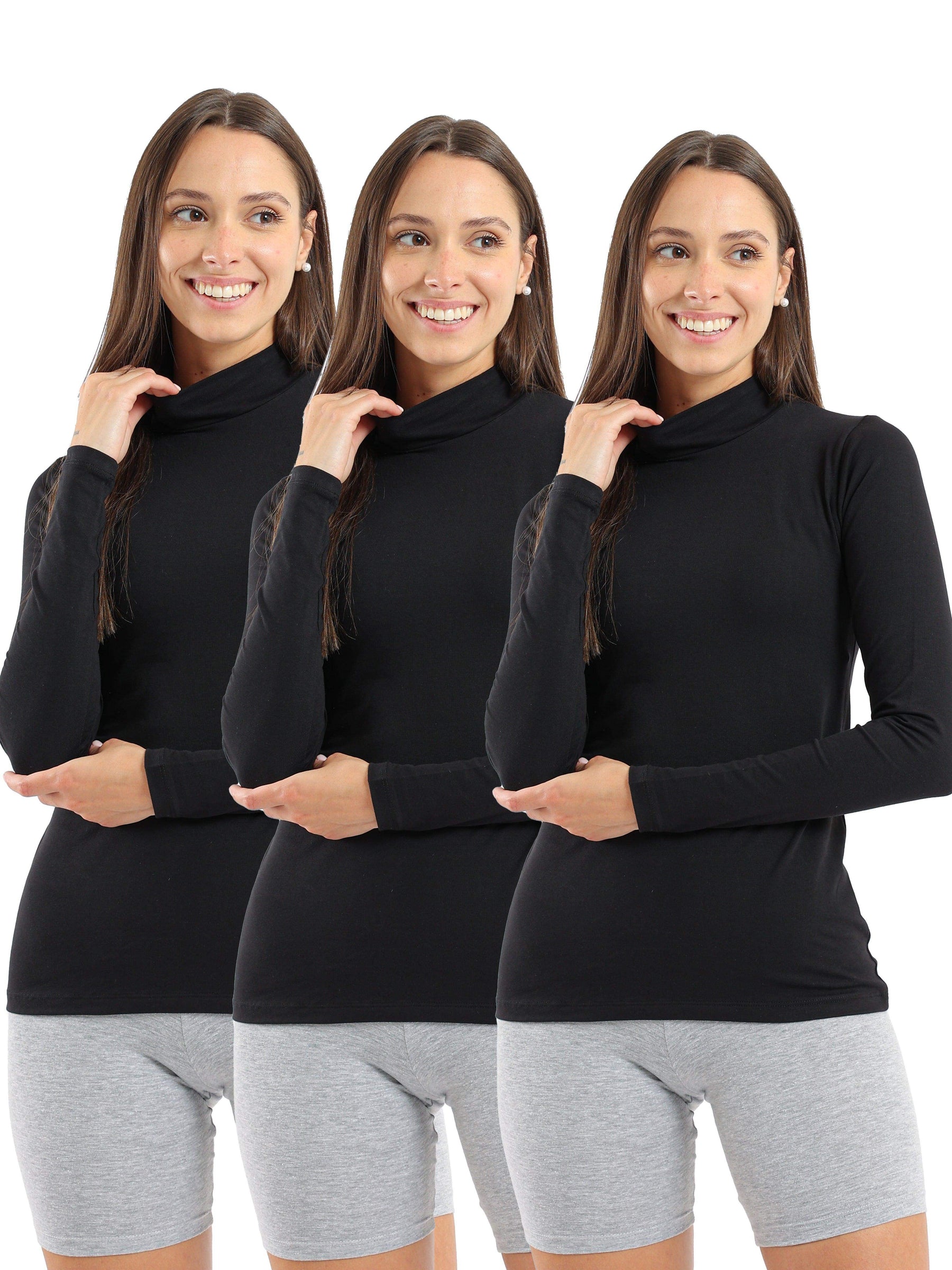 High Neck Long Sleeve Cotton Top - Pack of 3 - Carina - كارينا