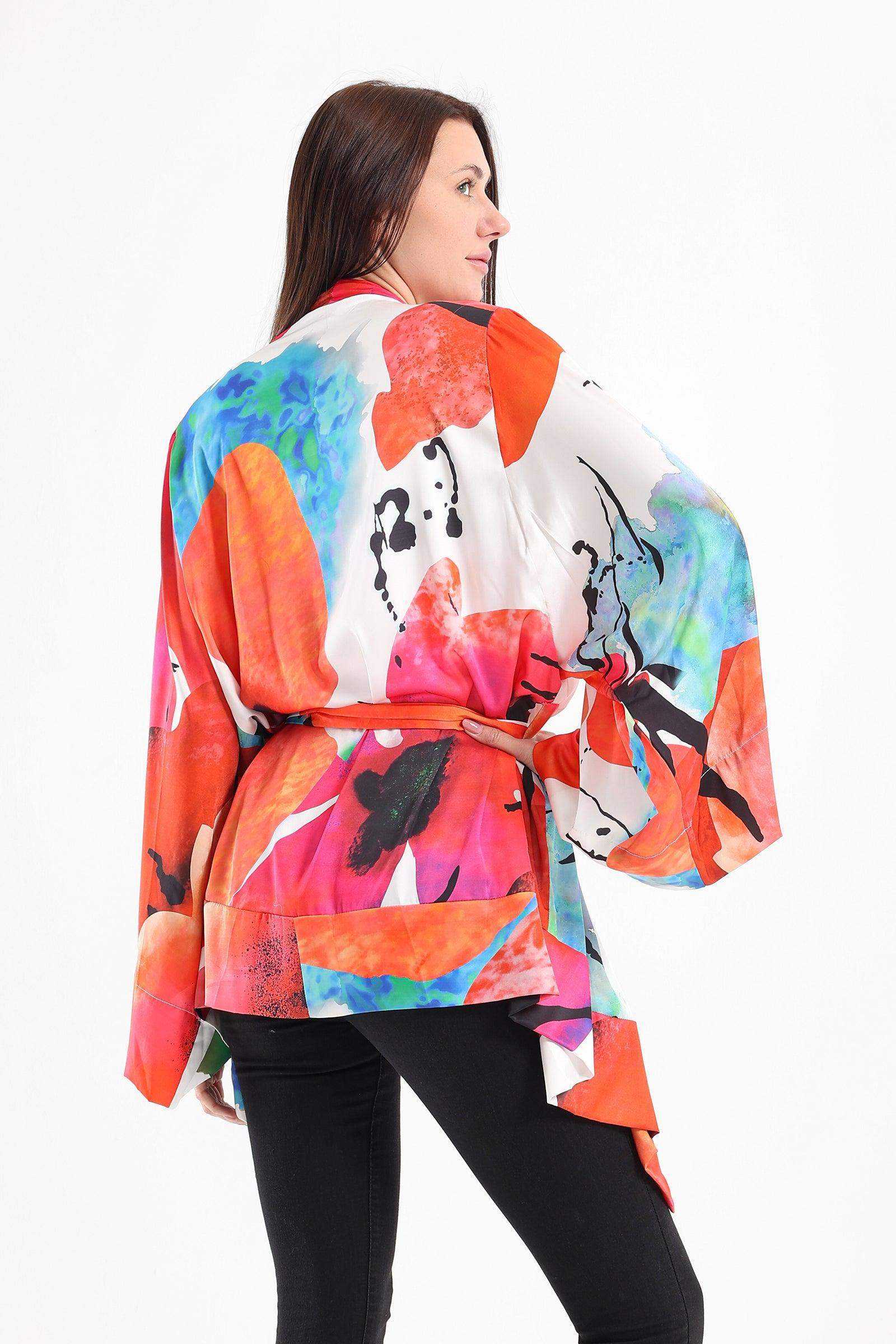 Satin Overall Print Kimono - Carina - كارينا