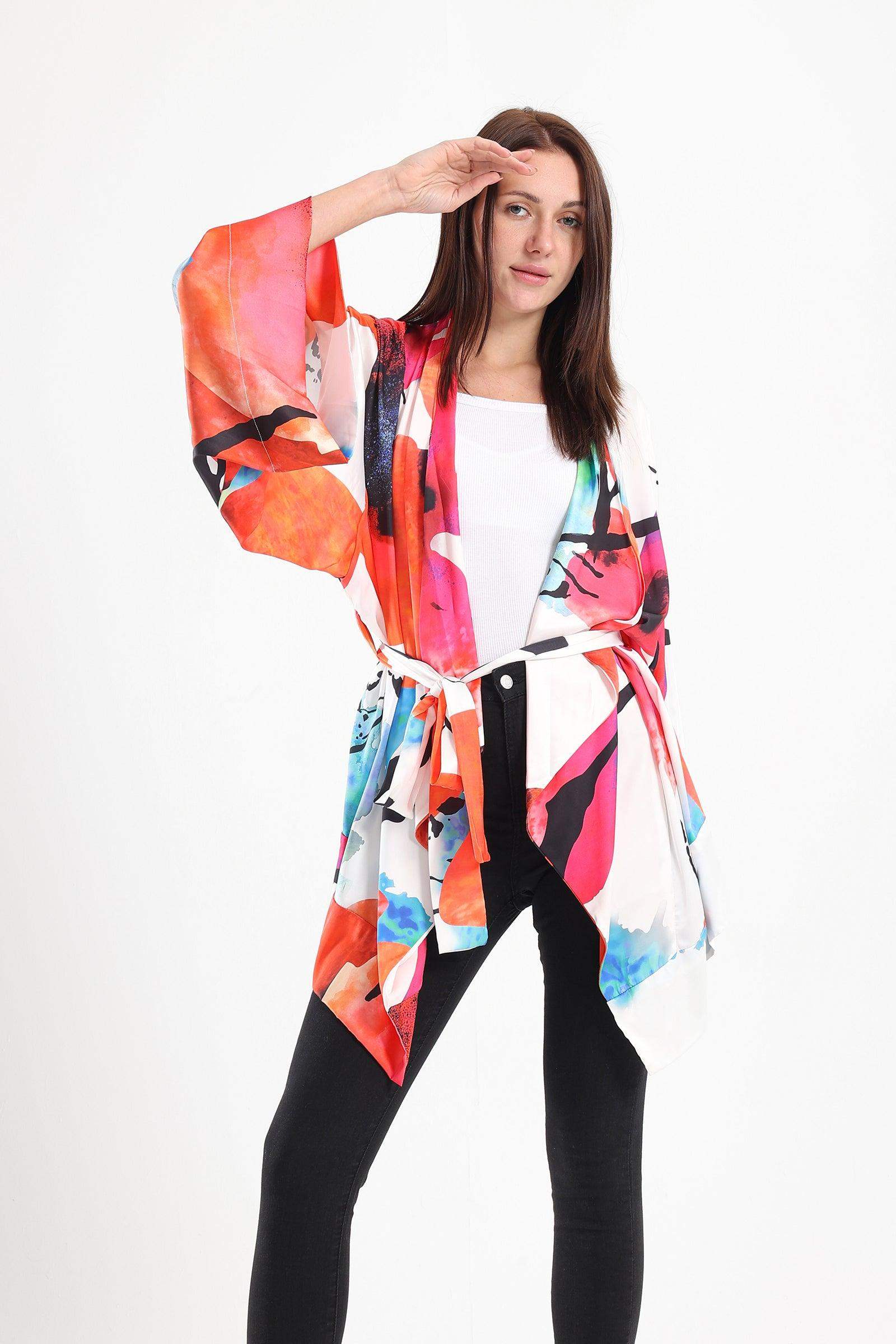 Satin Overall Print Kimono - Carina - كارينا