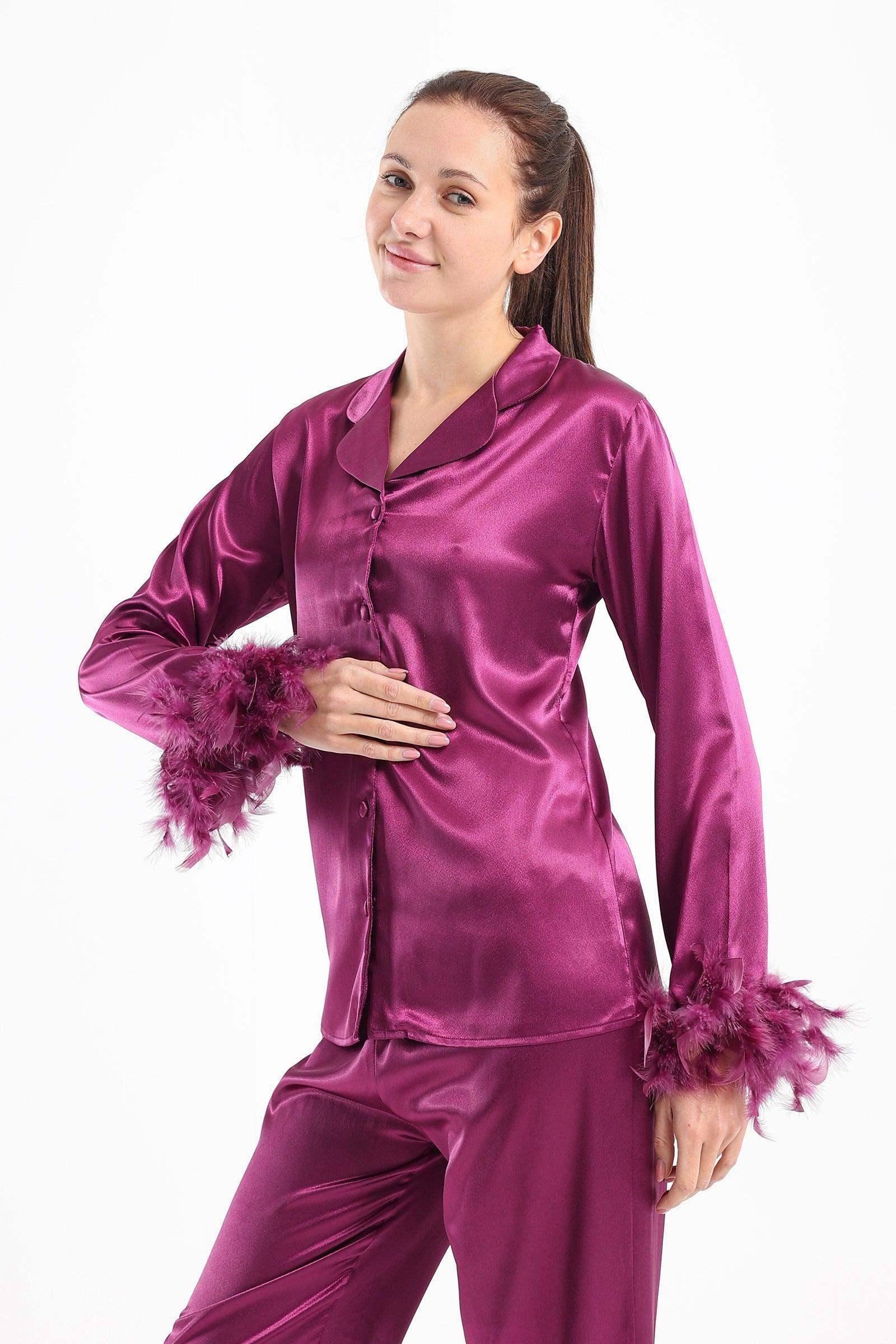 Satin Pyjama Set with Feather Cuffs - Carina - كارينا