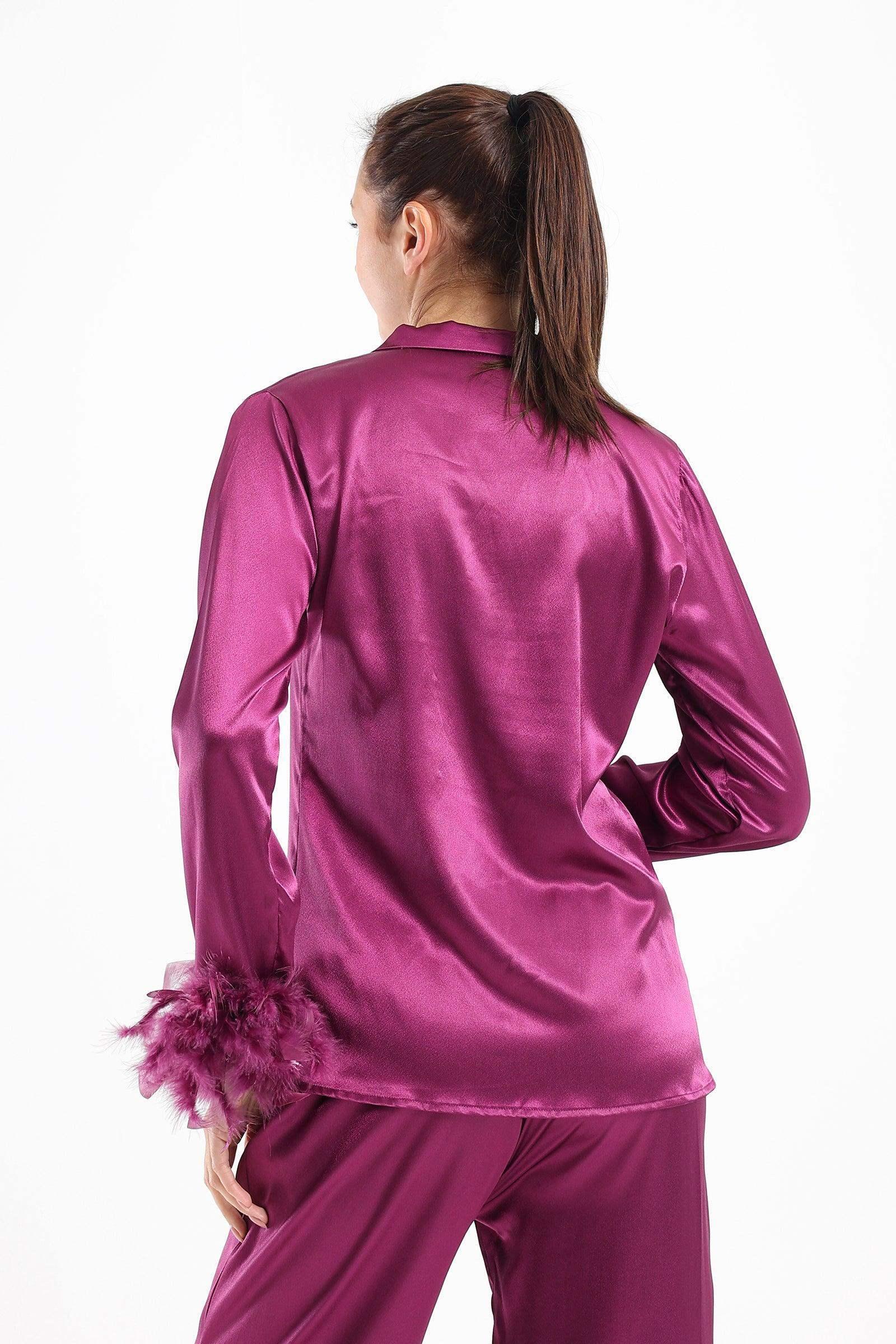 Satin Pyjama Set with Feather Cuffs - Carina - كارينا