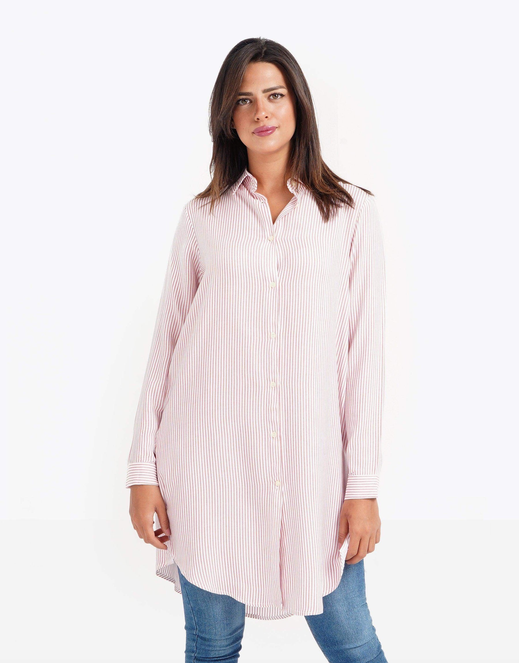 Banker-Striped Long Sleeve Tunic Shirt - Carina - كارينا