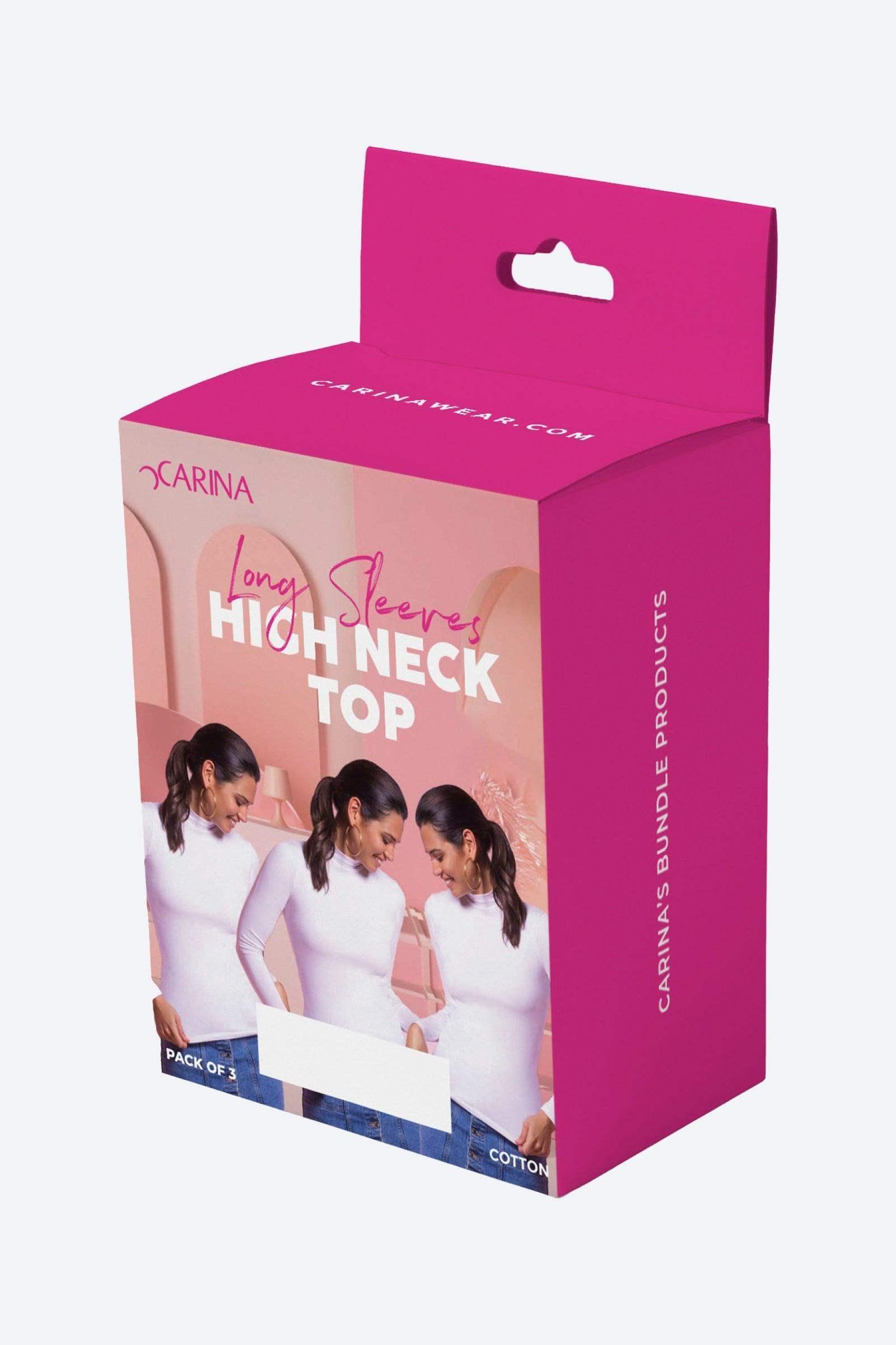 High Neck Long Sleeve Cotton Top - Pack of 3 - Carina - كارينا
