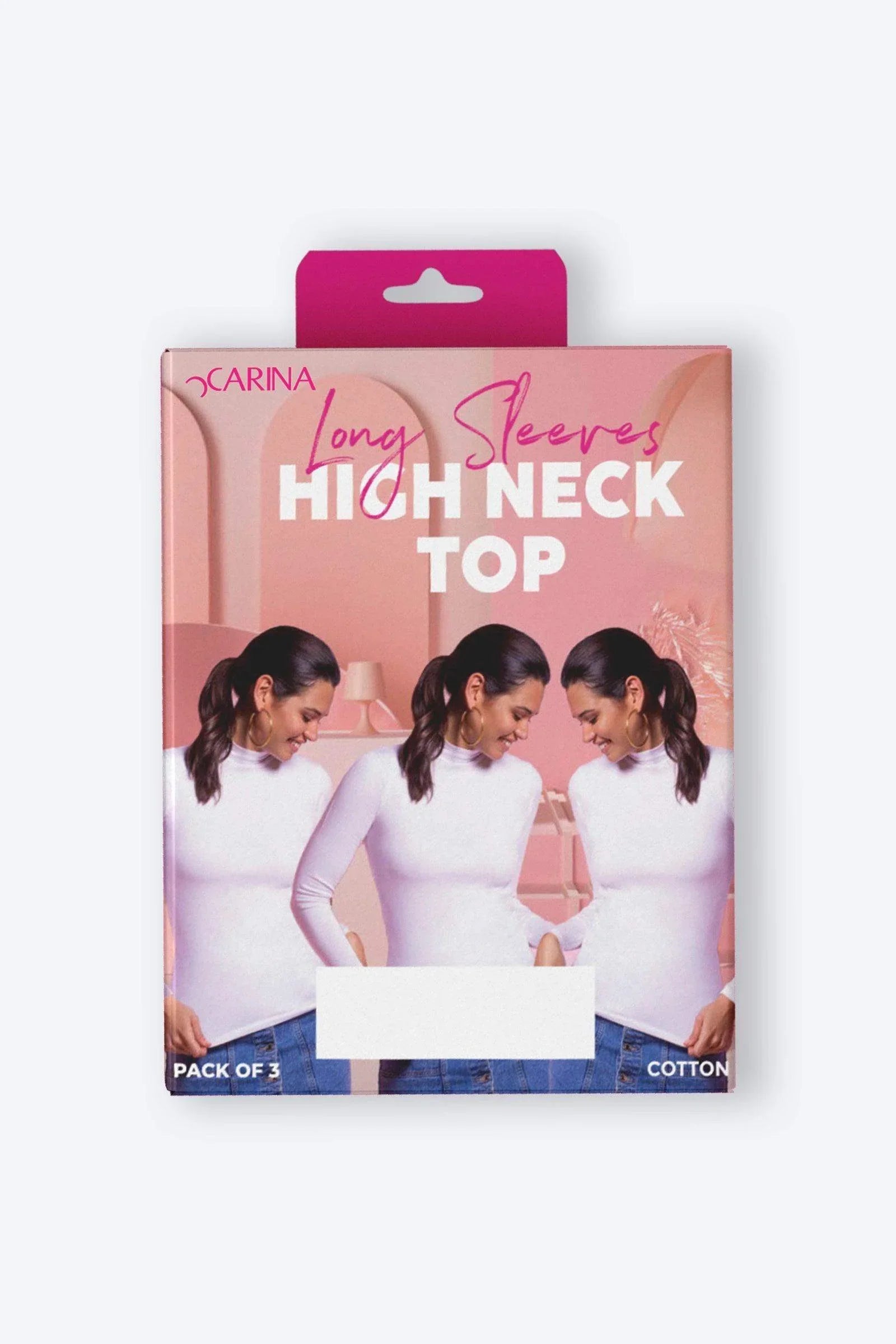 High Neck Long Sleeve Cotton Top - Pack of 3 - Carina - كارينا