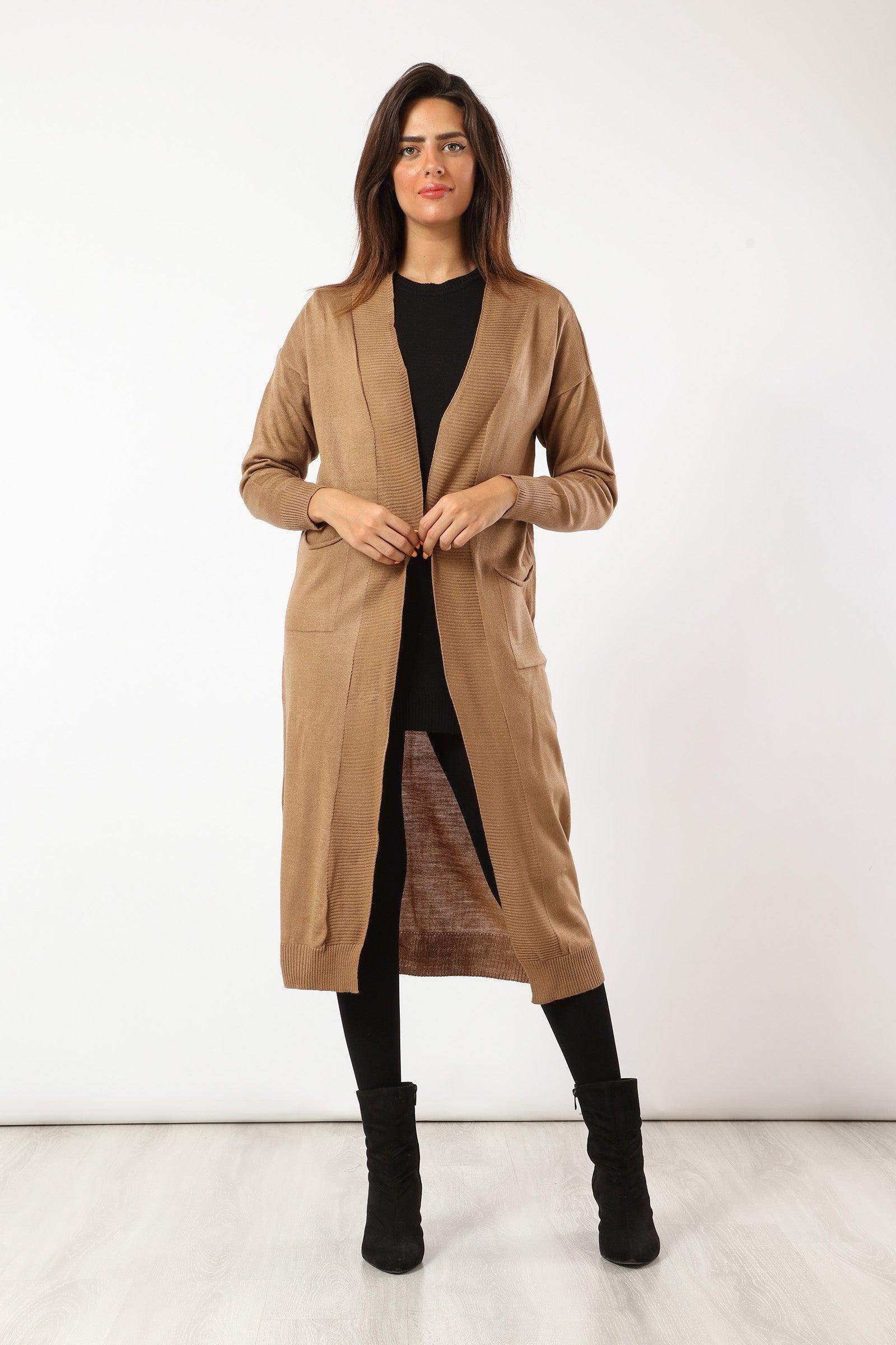 Long Cardigan with Ribbed Trim - Carina - كارينا