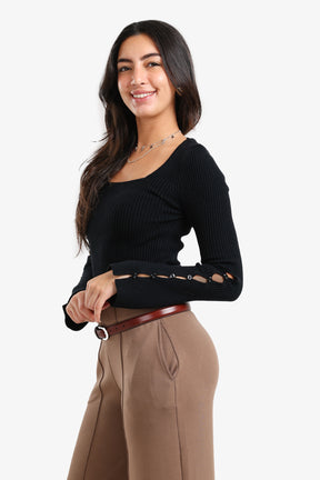 Square-Neck Ribbed Pullover