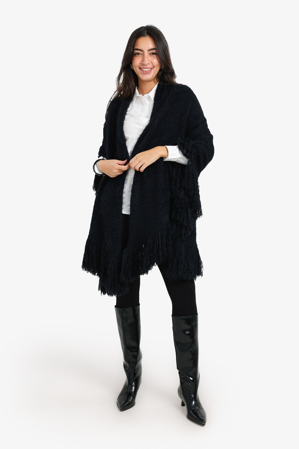 Fringe Trim Knitted Poncho