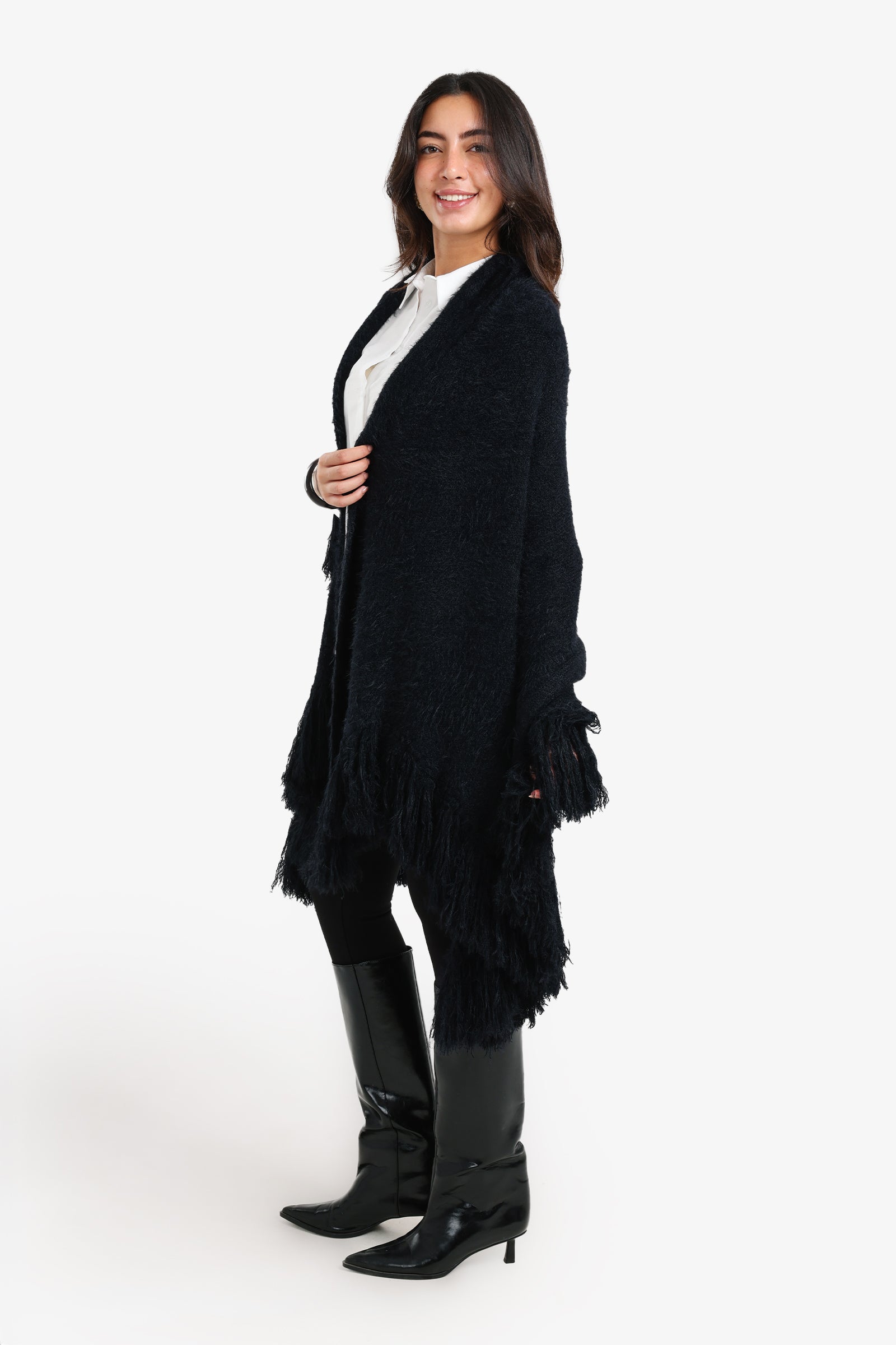 Fringe Trim Knitted Poncho