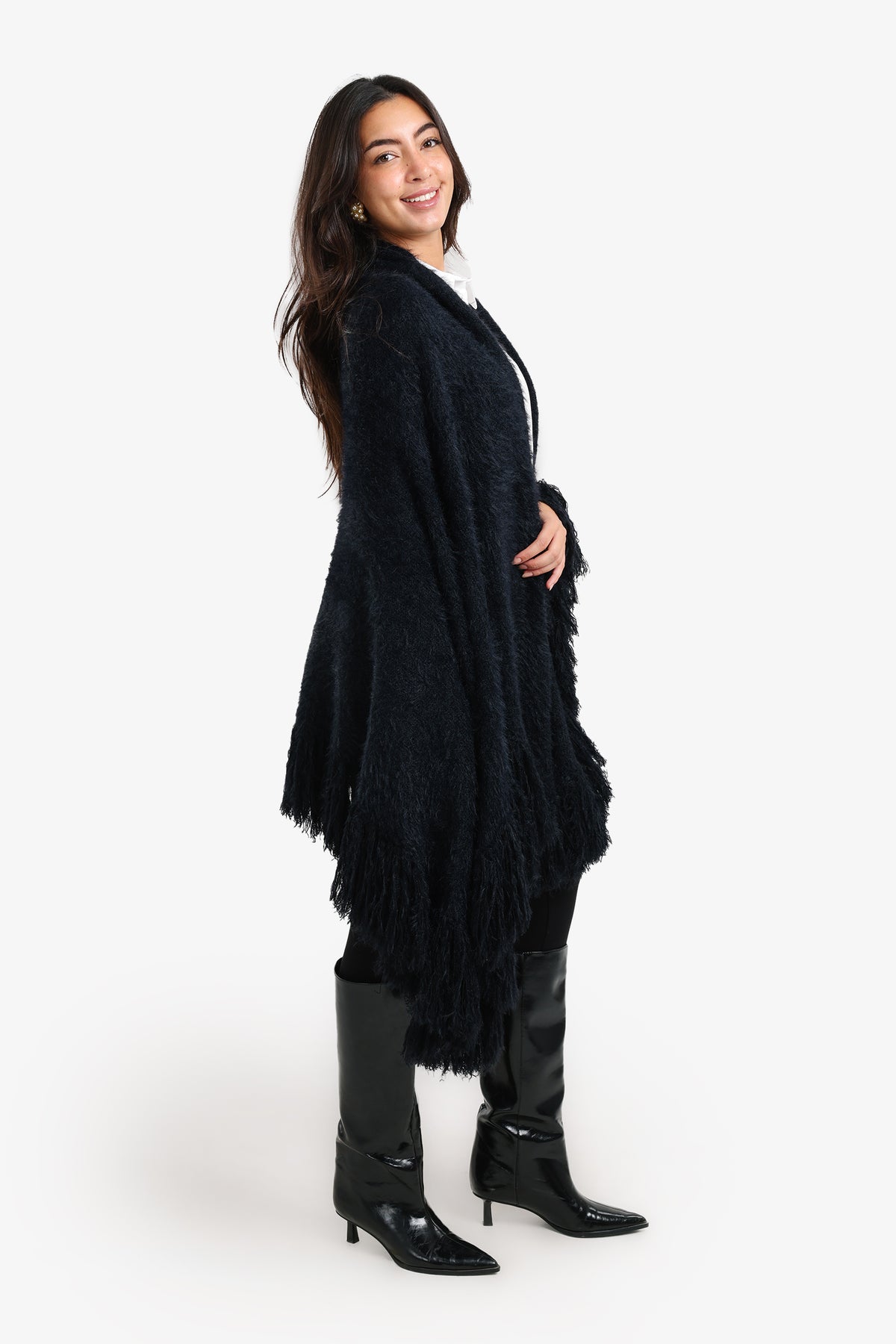 Fringe Trim Knitted Poncho
