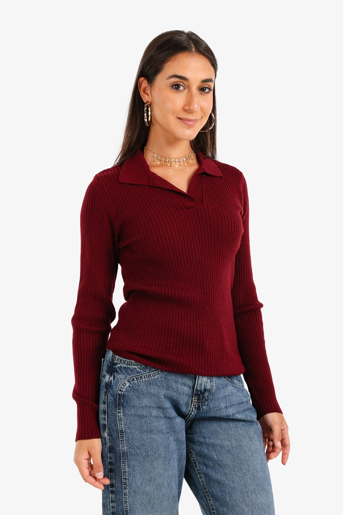 Ribbed Pullover with Collar