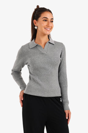 Ribbed Pullover with Collar