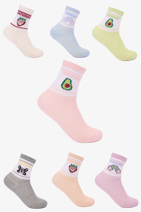 Girly Printed Cuff Socks - 7 Pairs