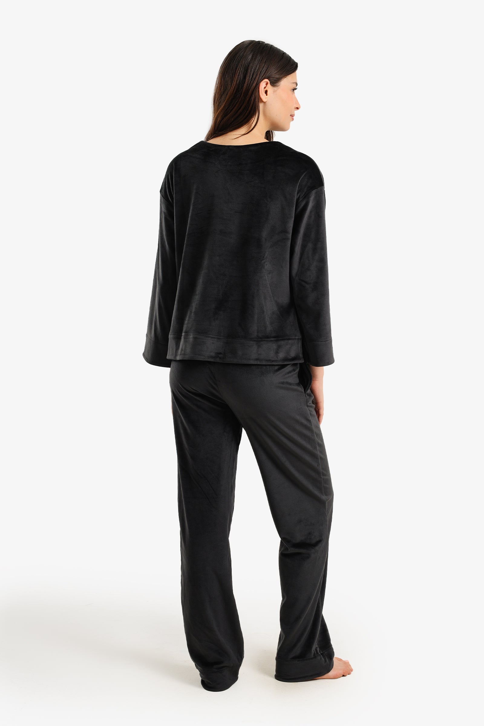 طقم بيجامة قطيفة بأكمام طويلة