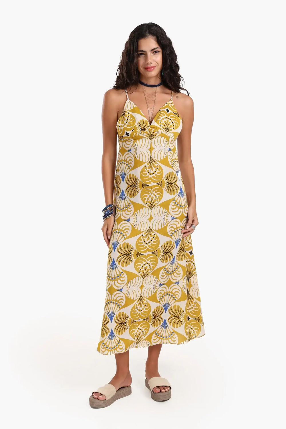 Printed V-Neck Midi Dress