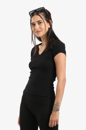 Ribbed V-Neck Fitted Top