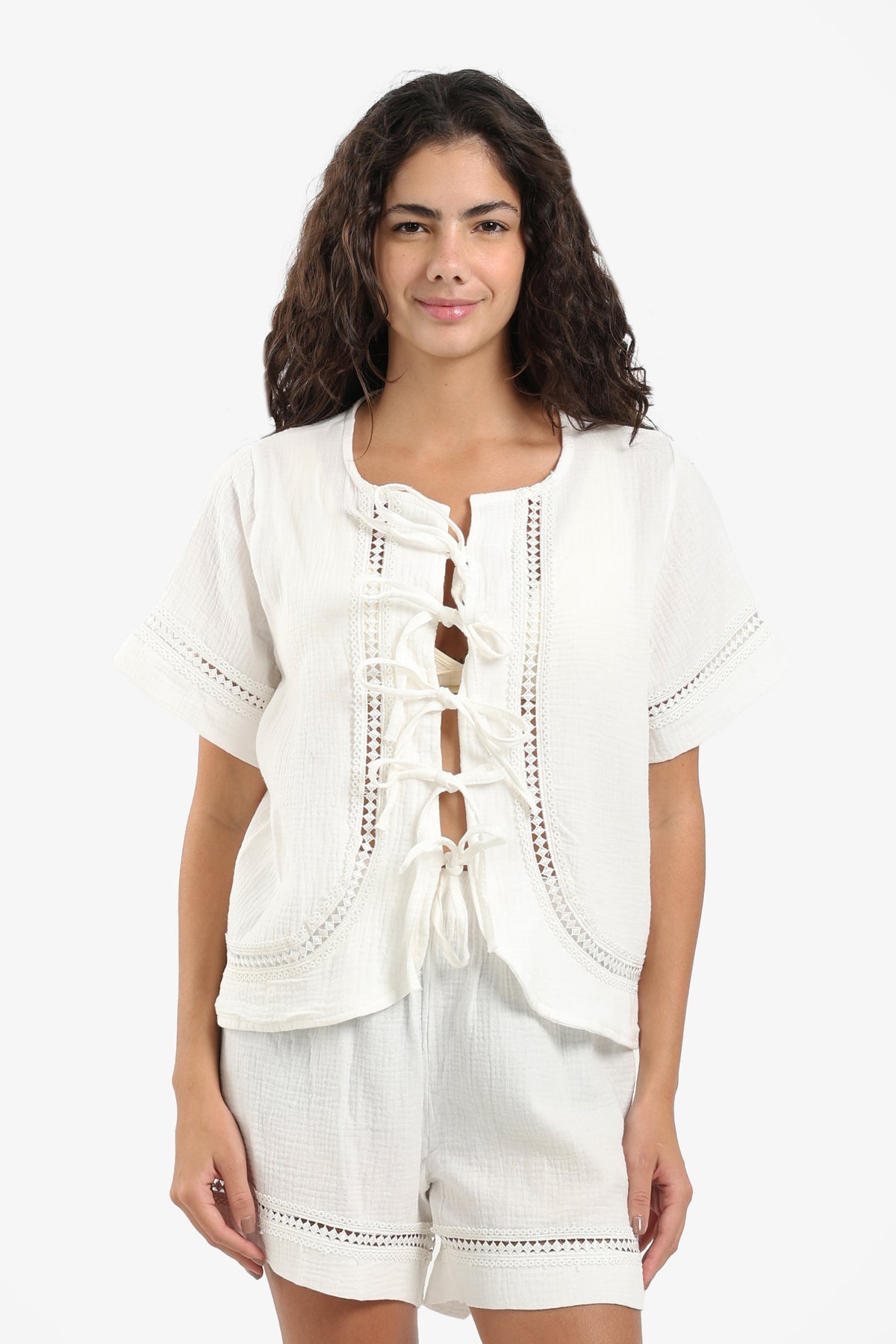 Lace-Up Cotton Pyjama Set
