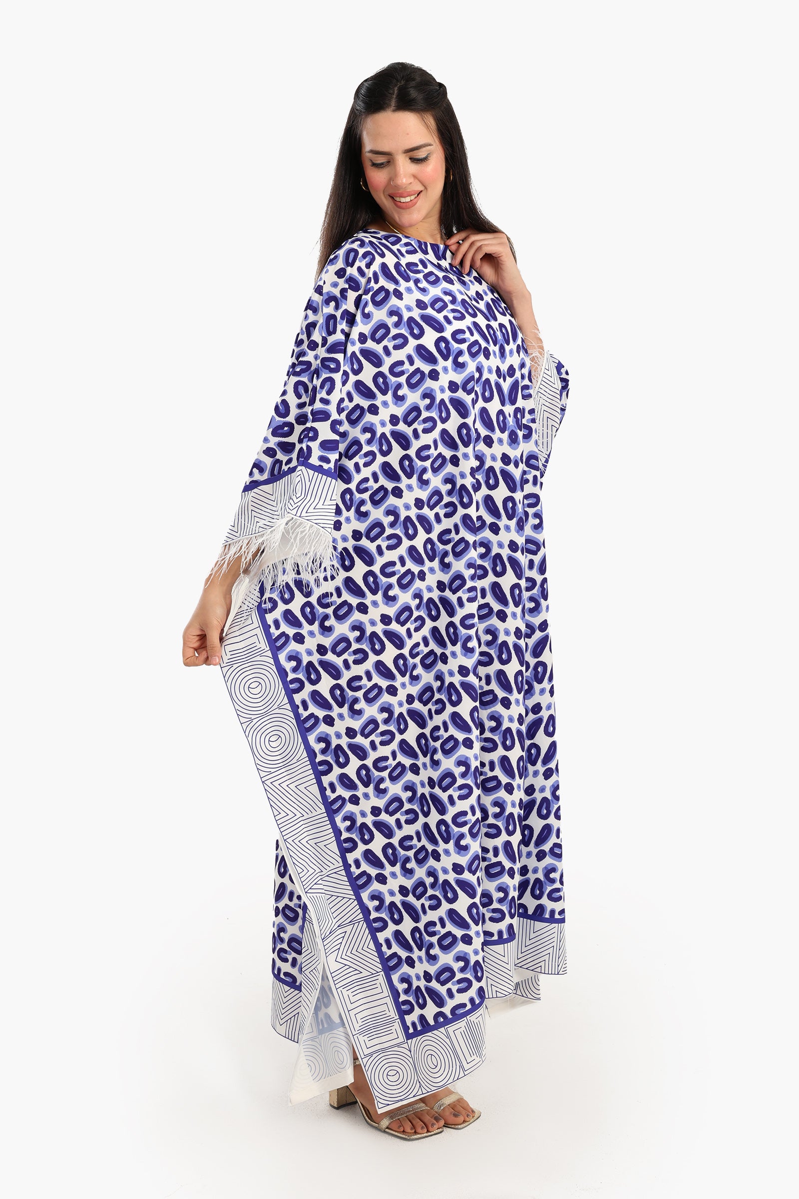 Feather Trimmed Printed Abaya