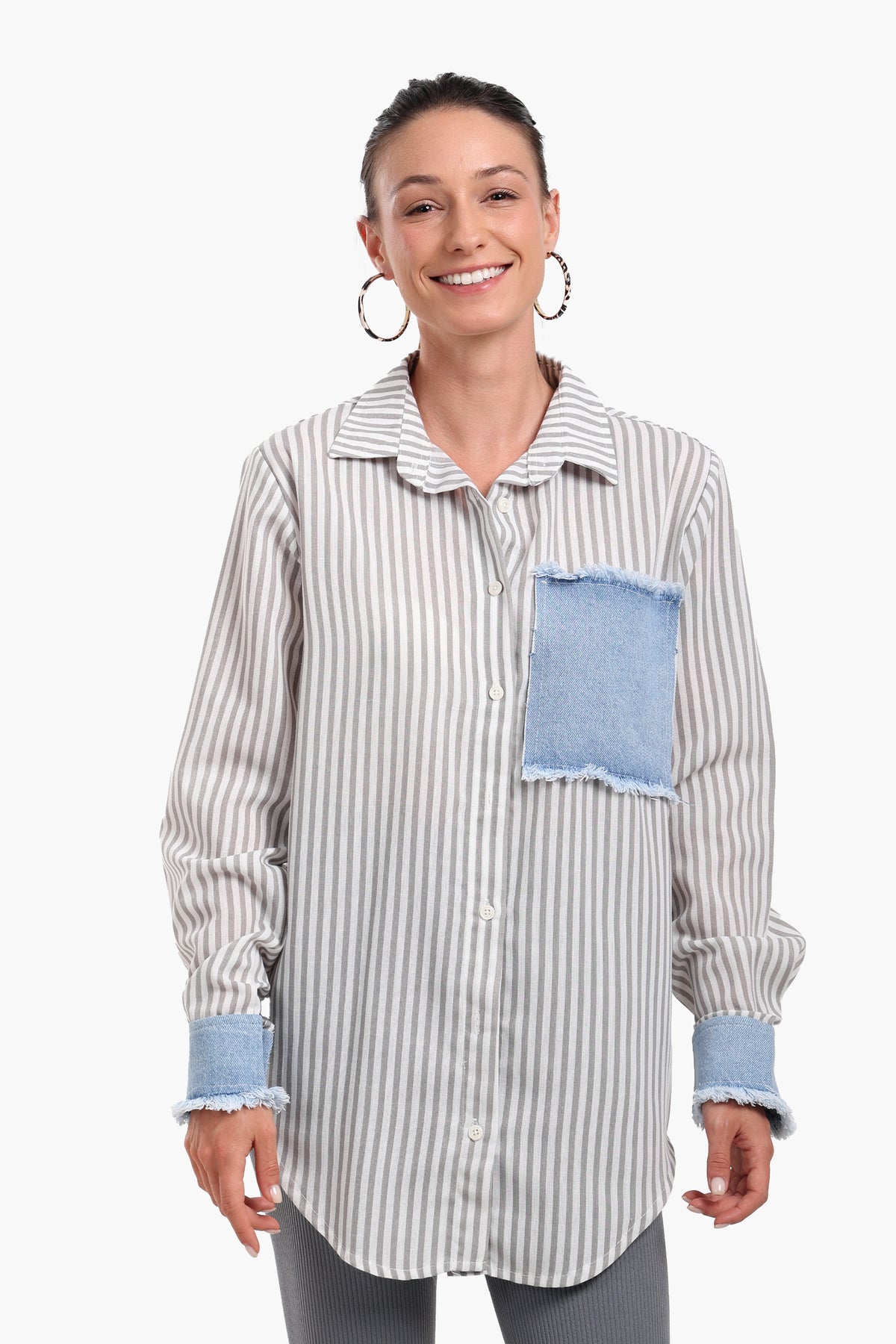Striped Shirt with Denim Details