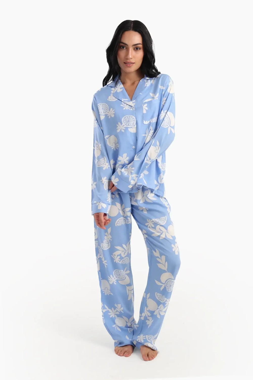 بيجامة بكم مطبوعة أزرق