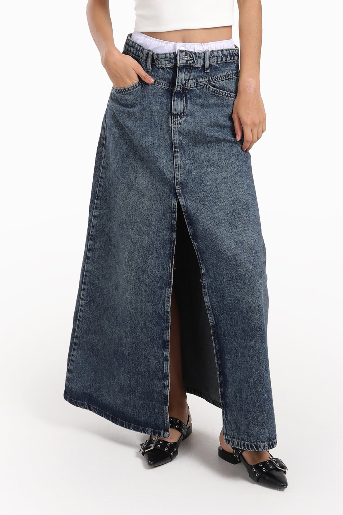 Denim Maxi Skirt with Slit